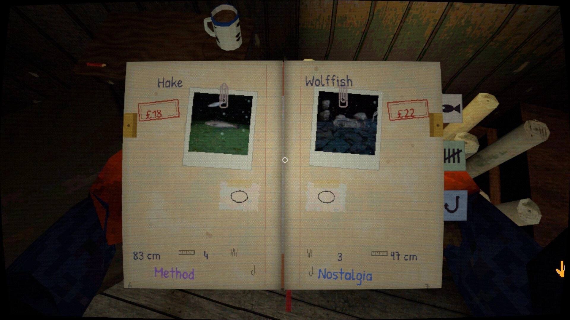 Thalassomania: Open fish logbook UI with hake and wolffish photos, prices and lengths on desk.