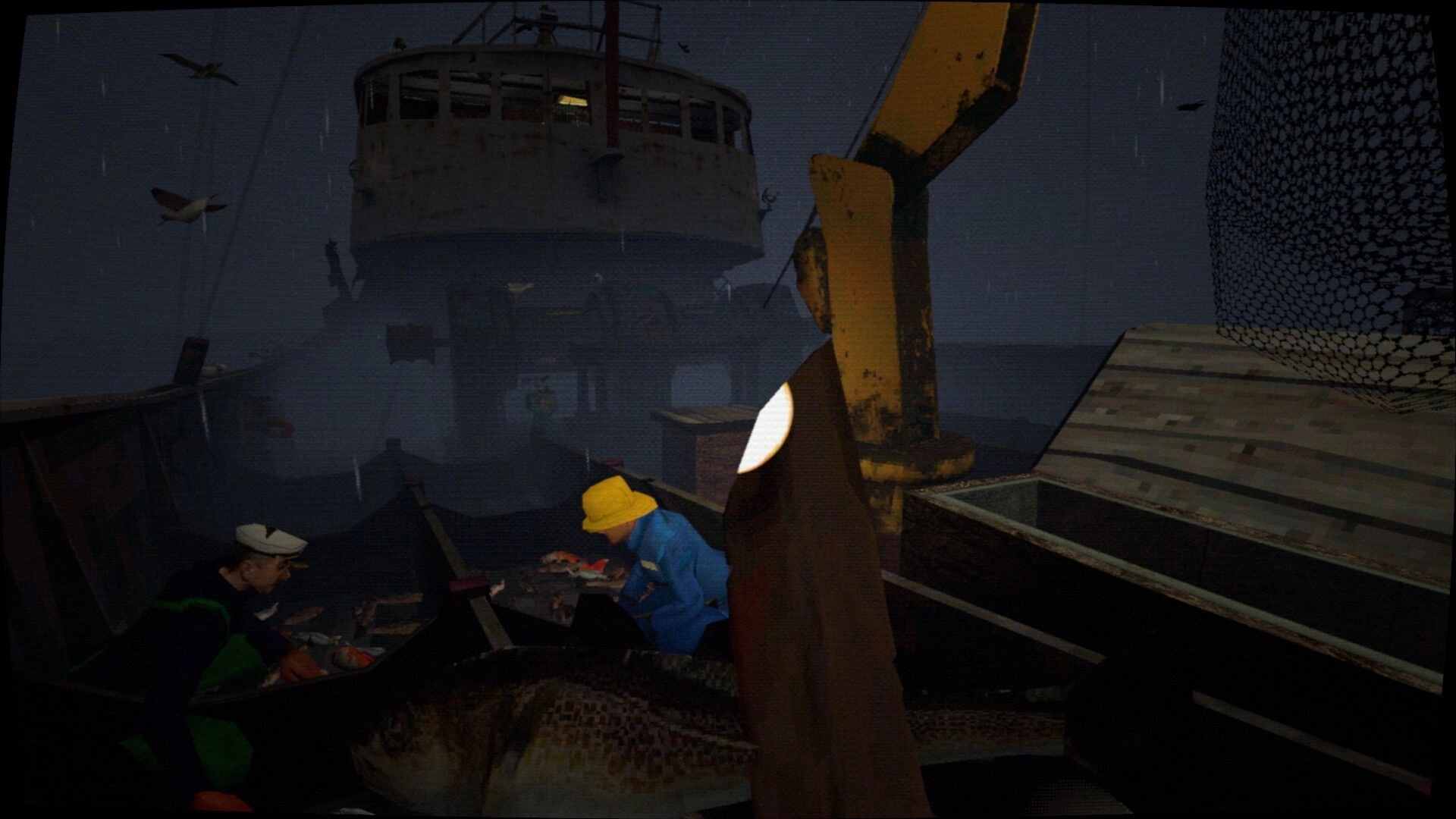 Thalassomania: Crew gutting fish on trawler deck in rain, with nets, crates, and dim lights.