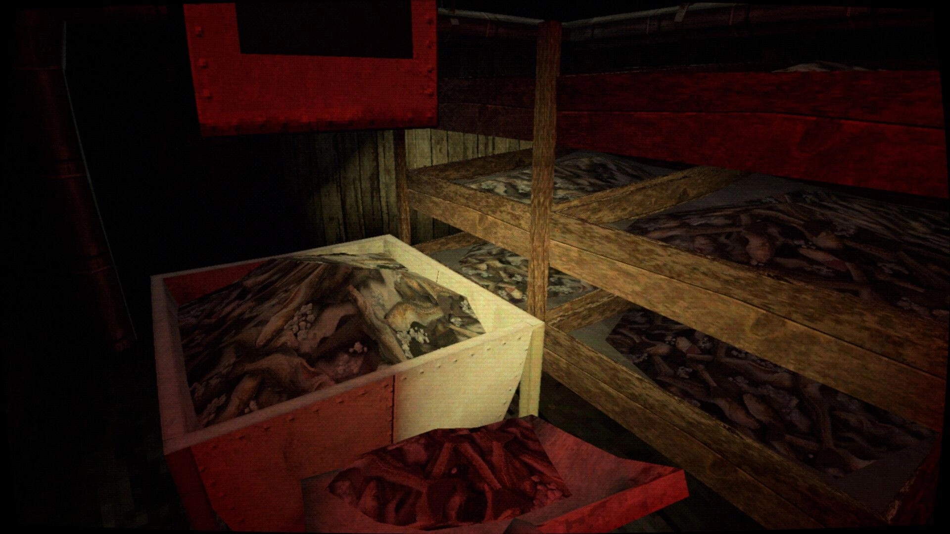 Thalassomania: Stacked fish crates and wooden racks in a dim red-lit trawler hold area.