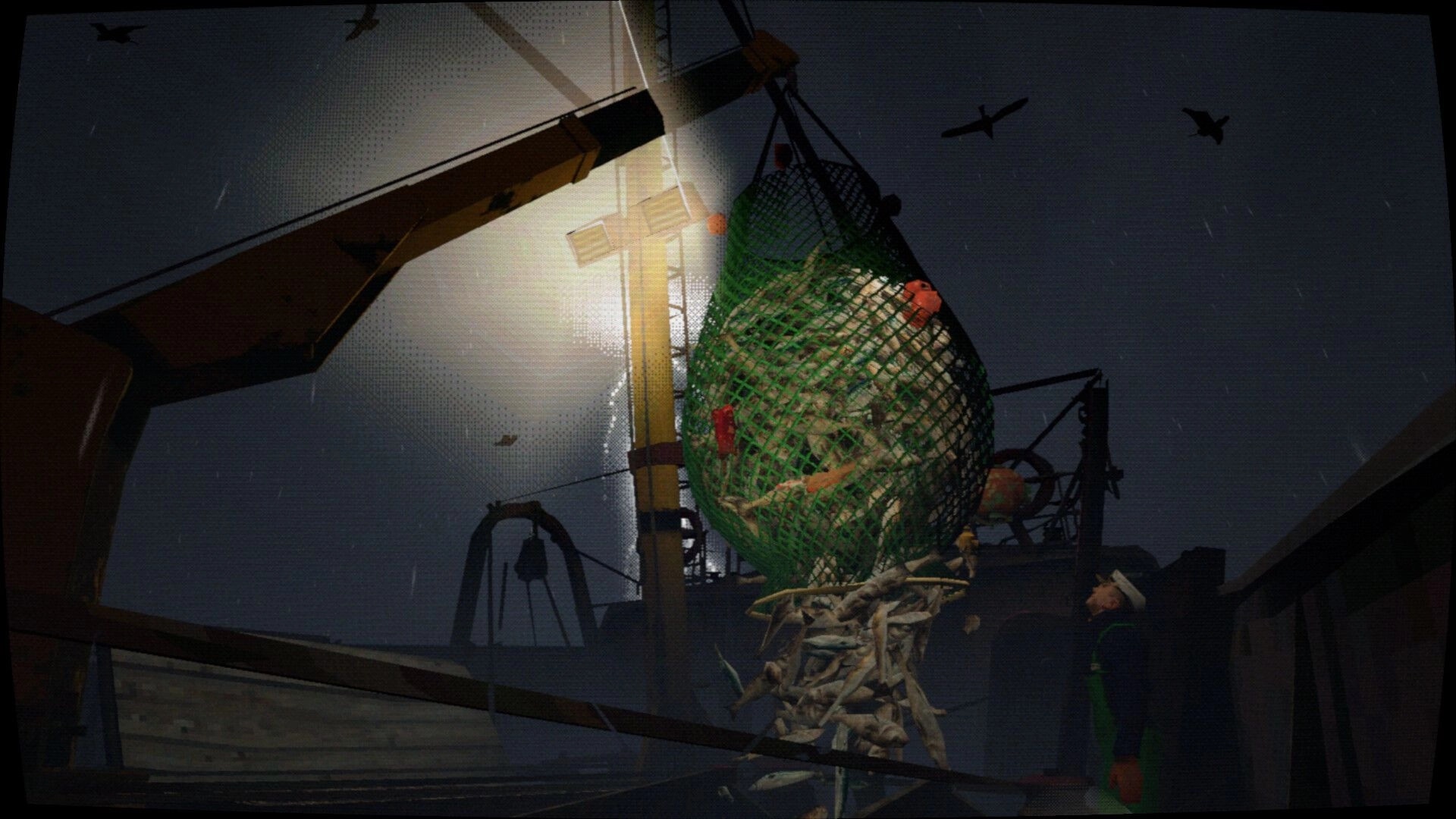 Thalassomania: Crane hoists a green net full of fish on a stormy trawler deck at night.