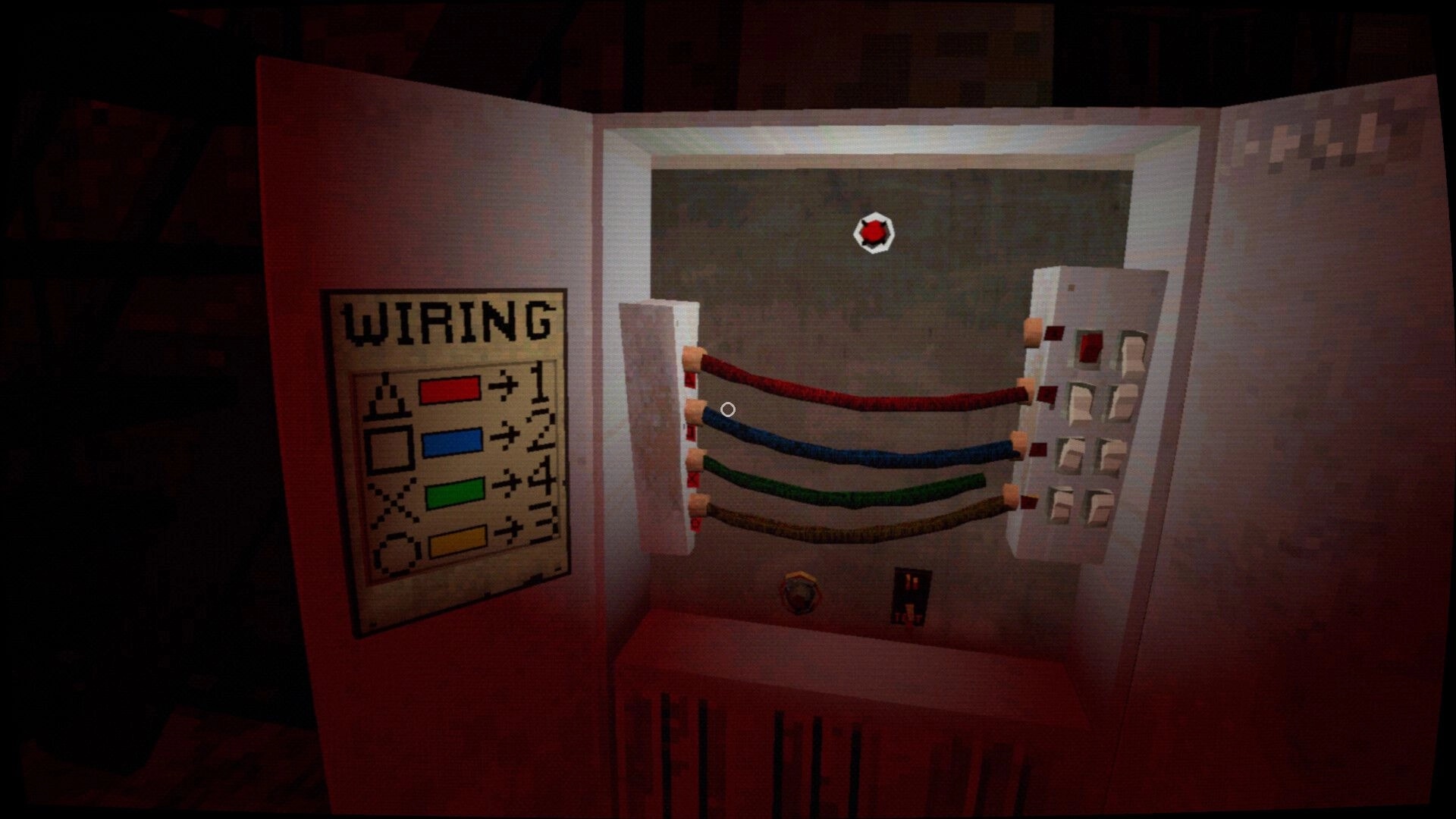 Thalassomania: Wiring puzzle panel with colored cables and switches inside a dim ship corridor.