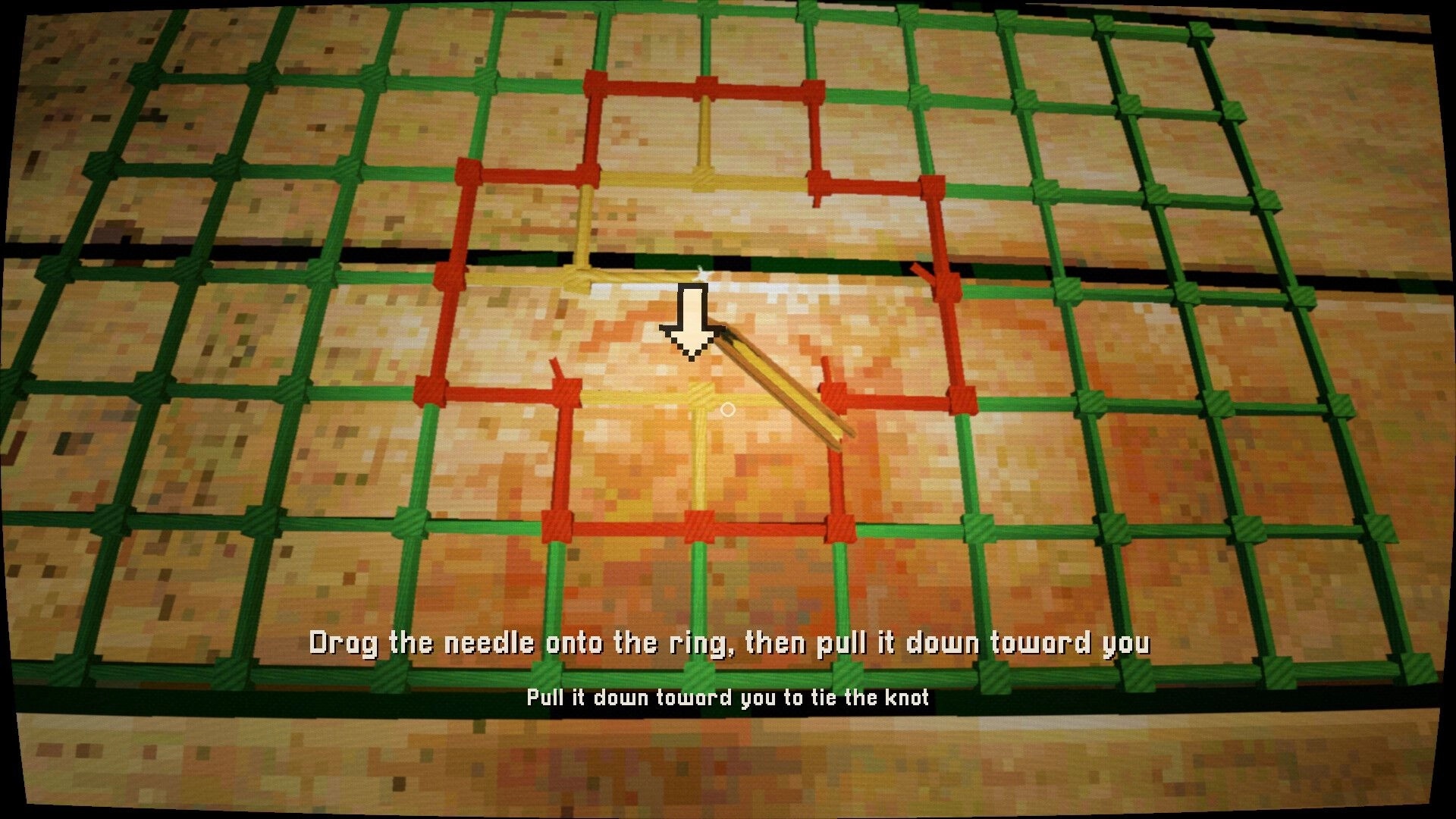 Thalassomania: Knot-tying minigame with needle and ring prompt over a fishing net grid deck.