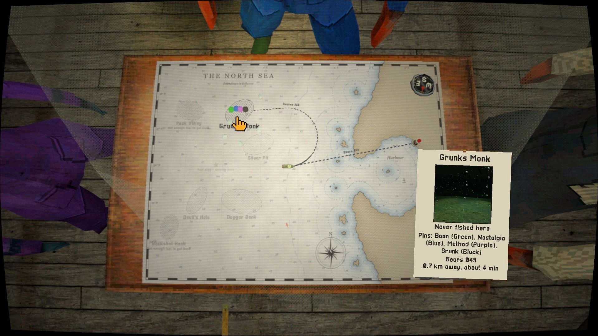 Thalassomania: Cursor selects Grunks Monk on North Sea map table with route line and info card.