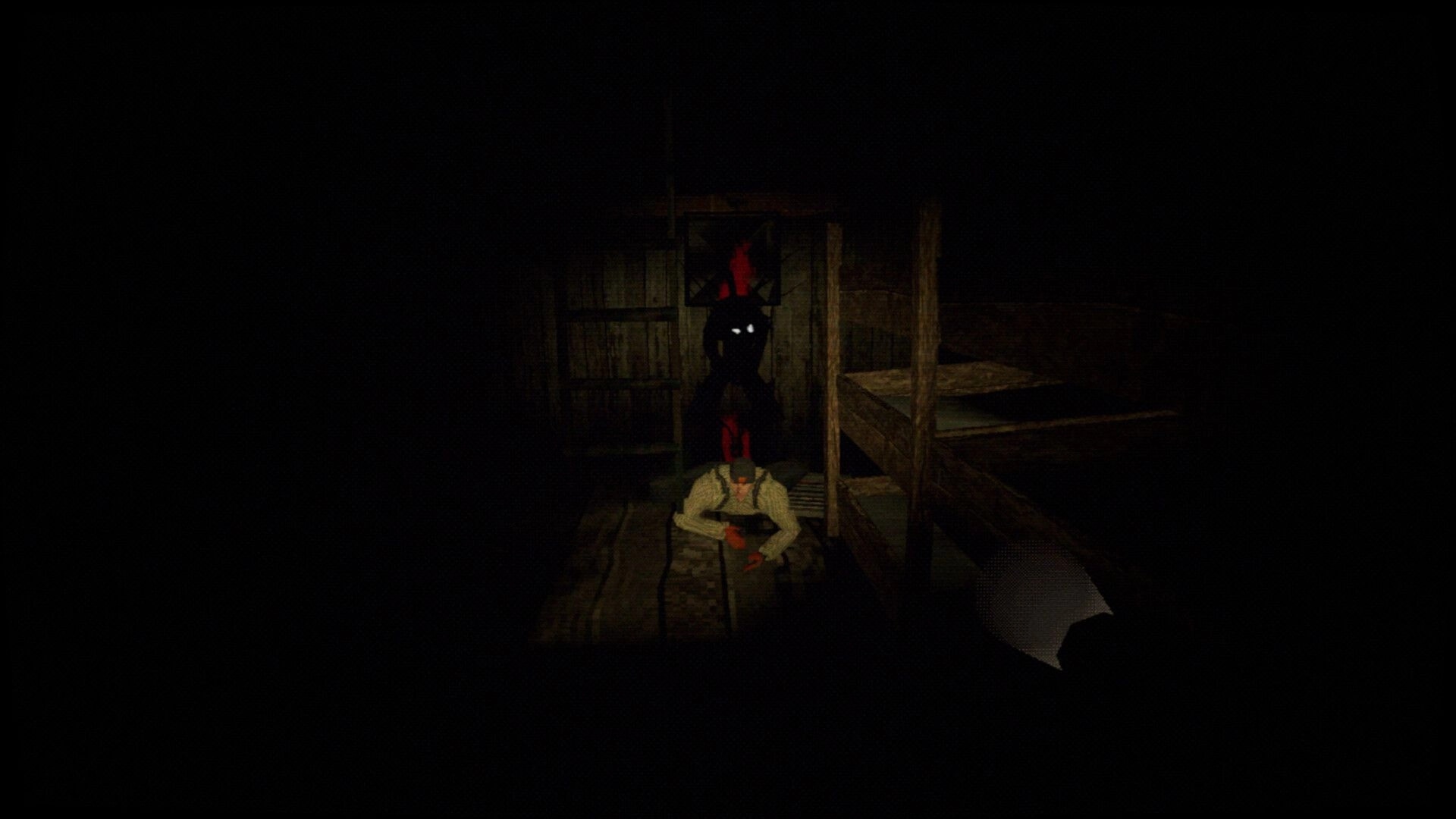 Thalassomania: Flashlight view of a crewmate and shadowy creature in a cramped wooden ship bunkroom.