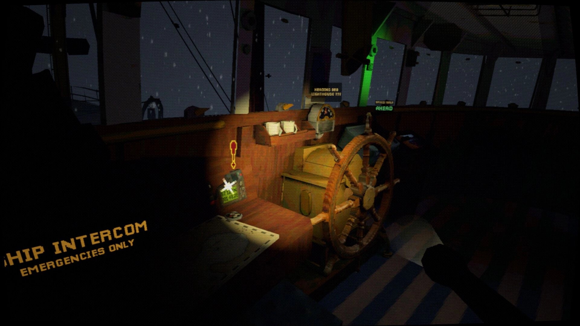 Thalassomania: Steering wheel and radio in ship bridge at night, rain outside and waypoint text ahead.