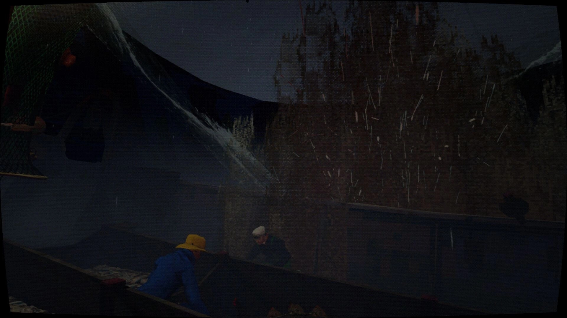 Thalassomania: Crew members work on a rain-soaked trawler deck beside a massive whale carcass.