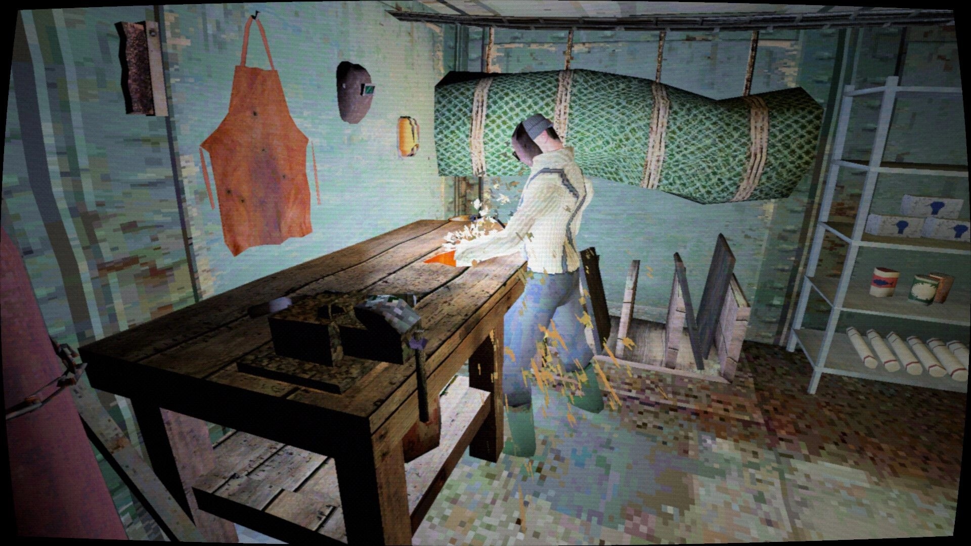 Thalassomania: Crew member guts fish at a wooden table in cramped galley with shelves and apron.