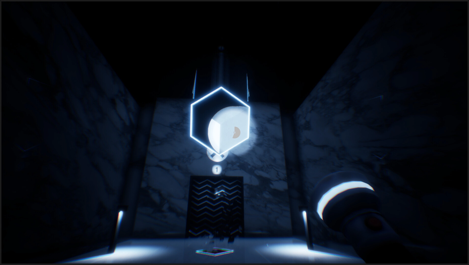 THANKS, LIGHT.: Player uses flashlight to reveal floating cube in dark marble hallway, highlighting puzzle element