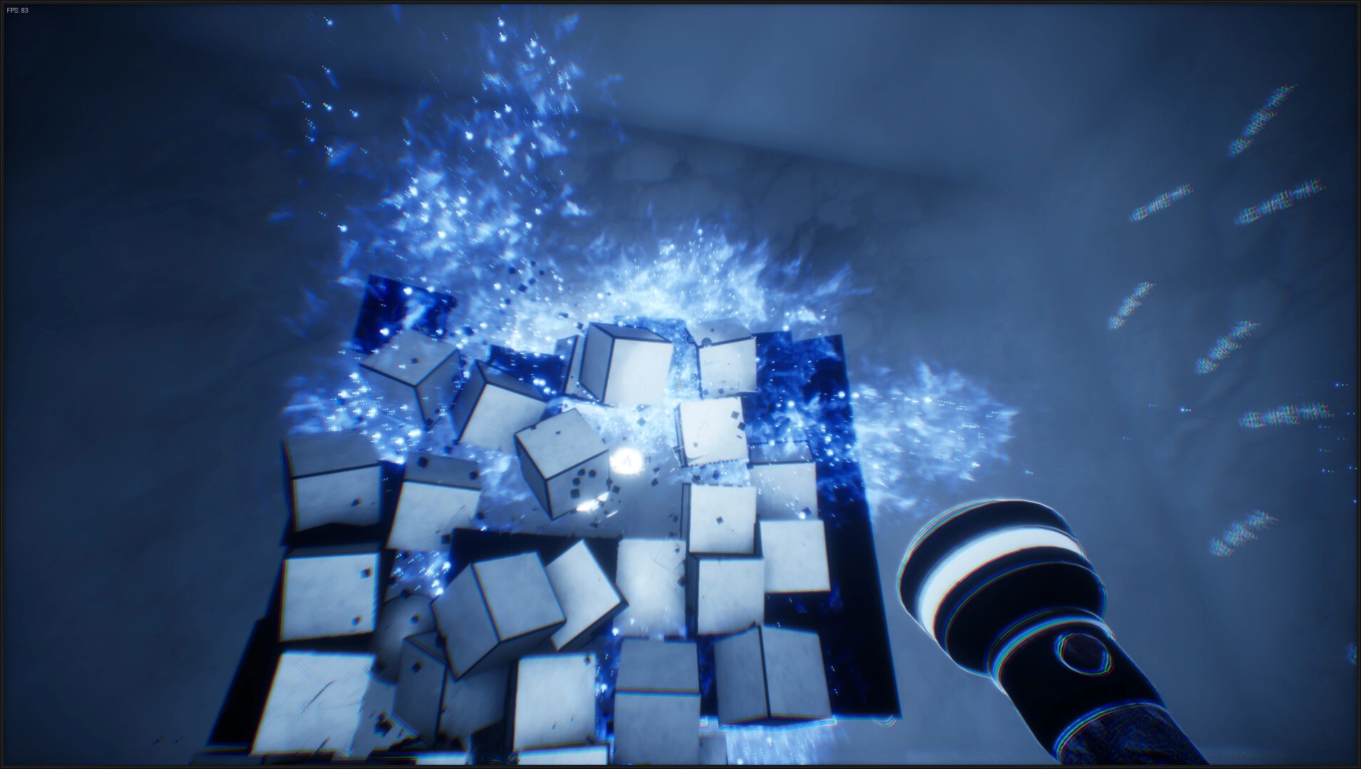 THANKS, LIGHT.: Flashlight illuminating cubes, causing a blue light burst in a dark puzzle chamber