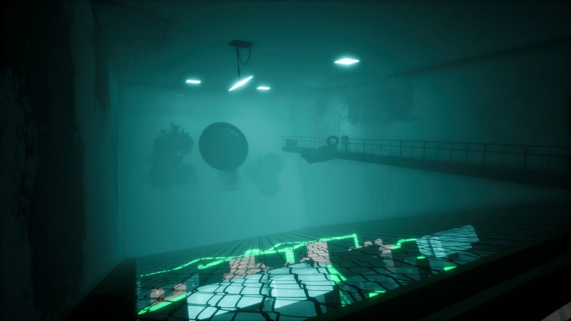 THANKS, LIGHT.: Illuminated platform with glowing grid pattern in dimly lit, industrial chamber.