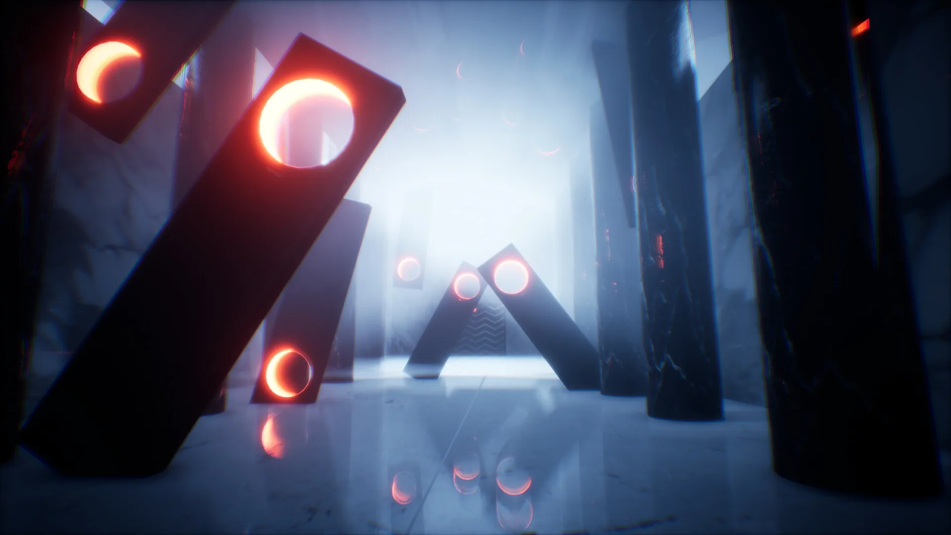 THANKS, LIGHT.: Glowing geometric pillars in a misty corridor, reflecting light on the polished floor.