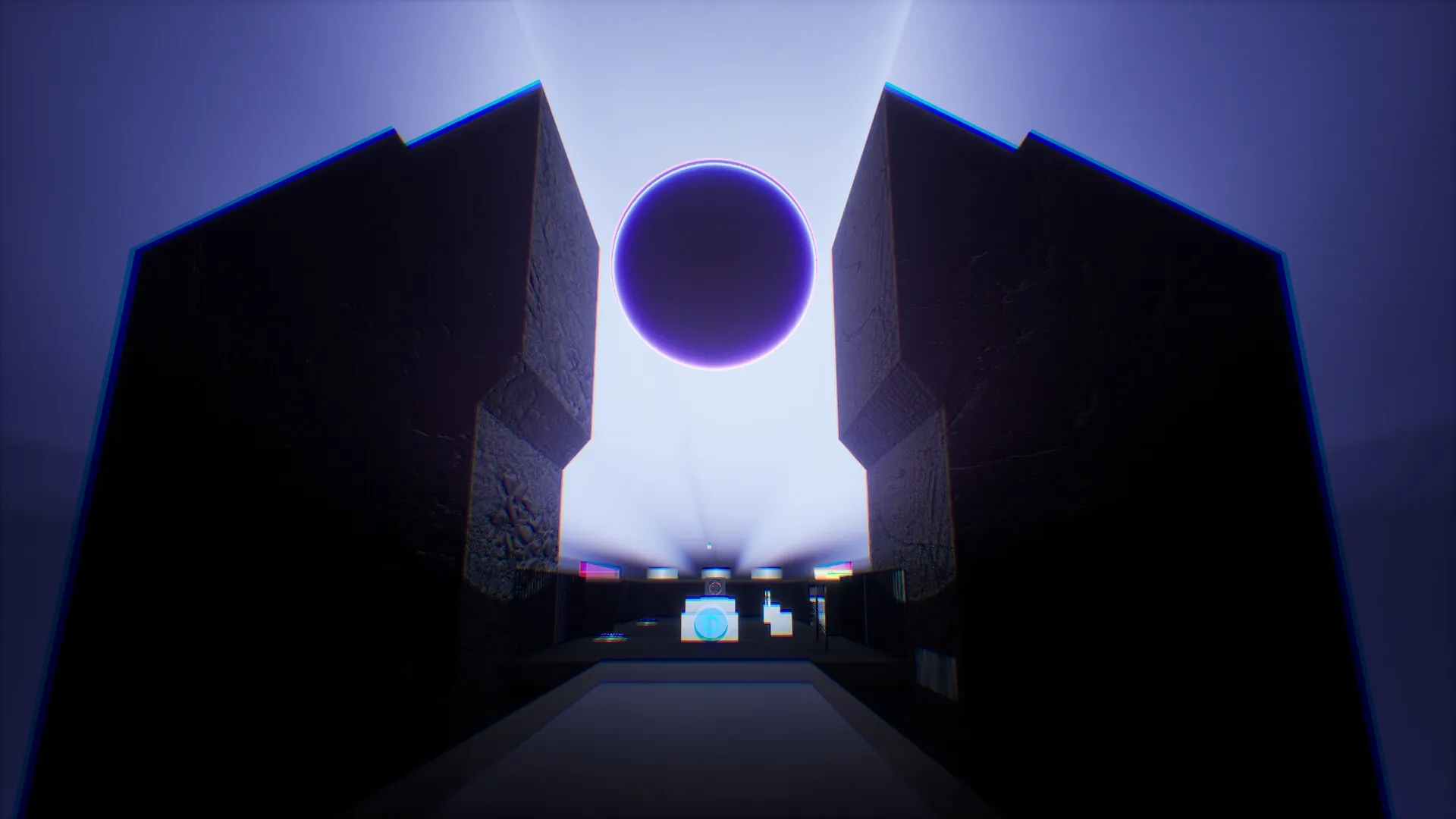 THANKS, LIGHT.: Glowing orb floating in a dark corridor with illuminated platforms in the distance