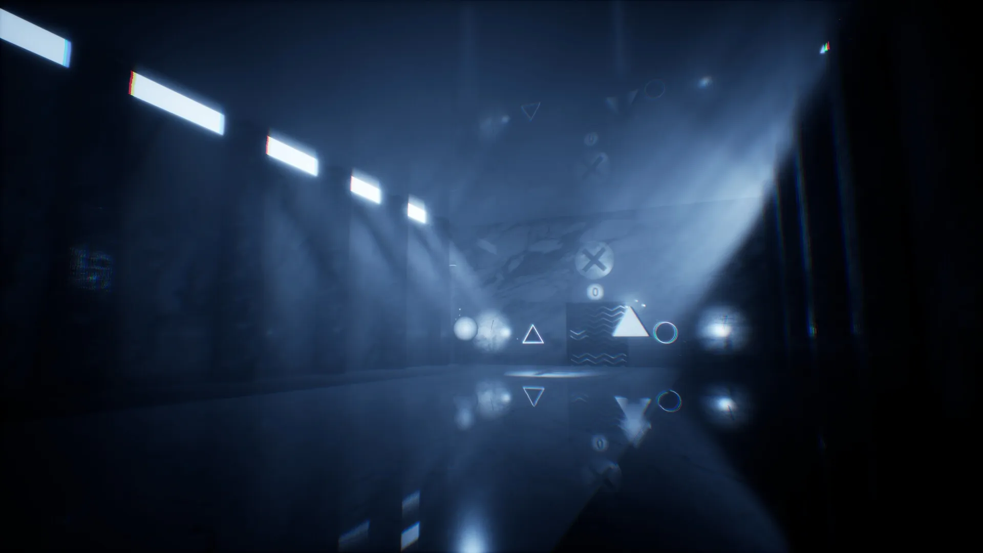 THANKS, LIGHT.: Mysterious hall with geometric symbols illuminated by beams of light