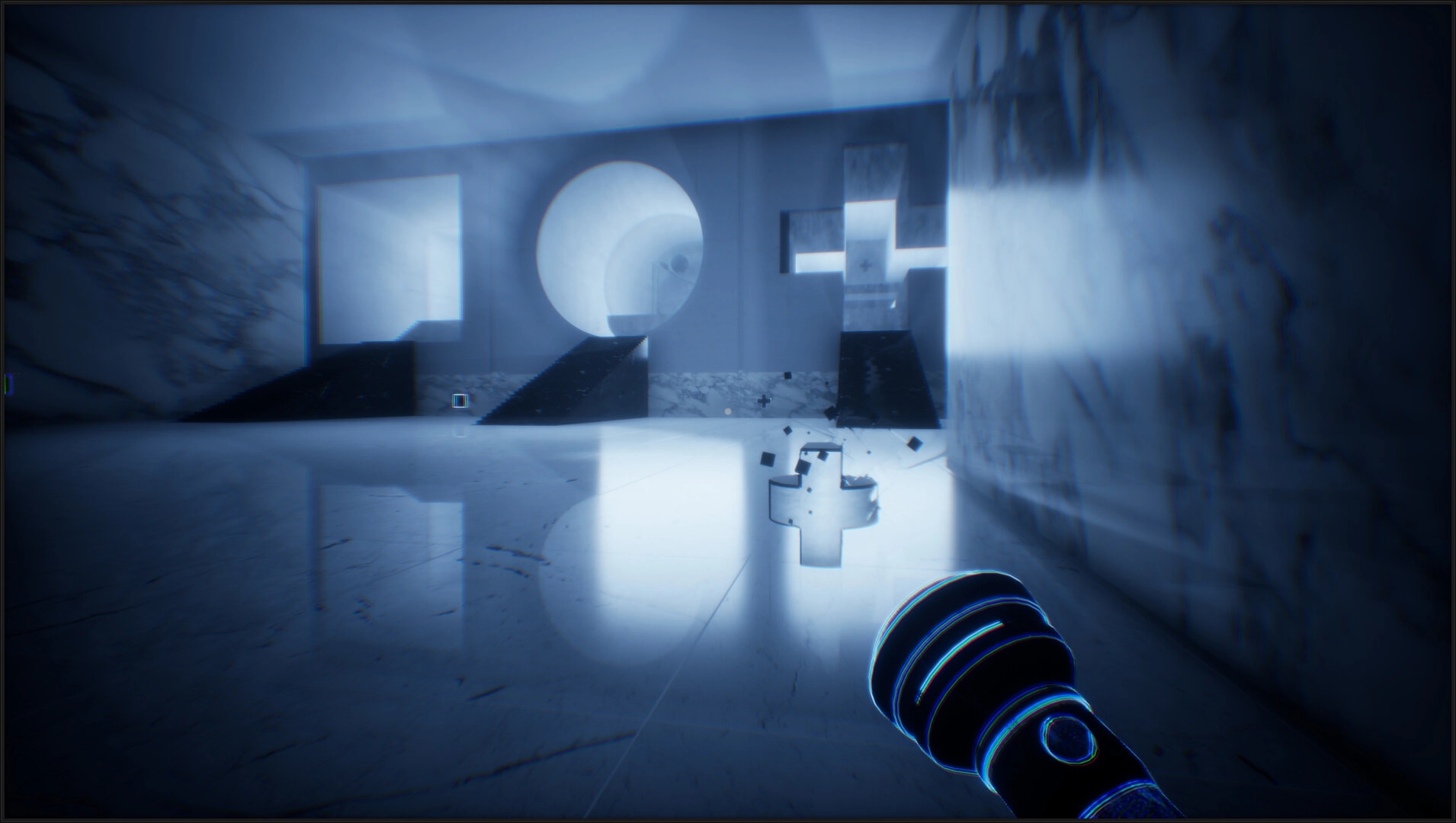 THANKS, LIGHT.: Flashlight revealing geometric shapes in a marble room with shadowed pathways.
