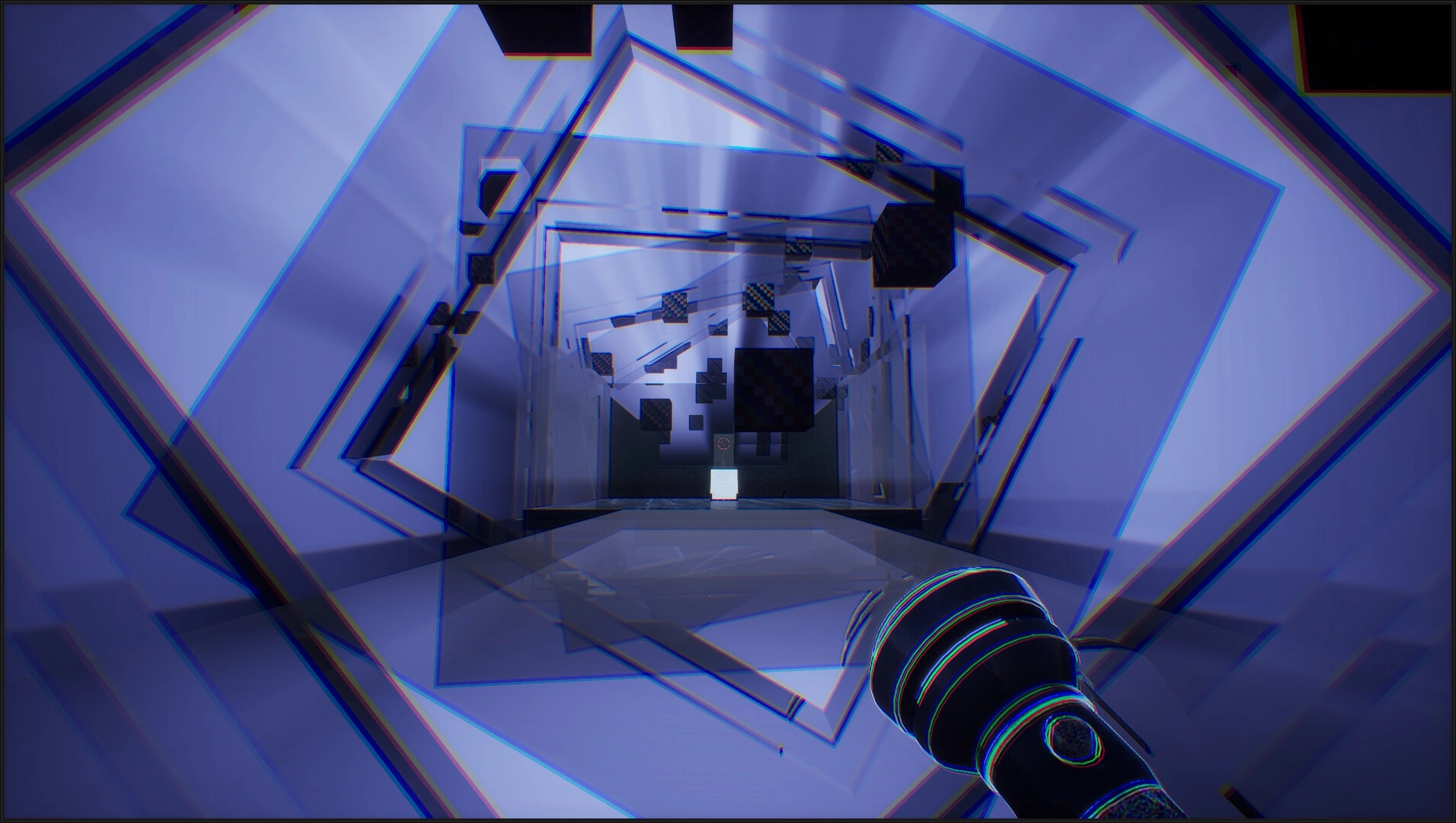 THANKS, LIGHT.: Flashlight beams reveal floating cubes in a surreal, geometric corridor environment.