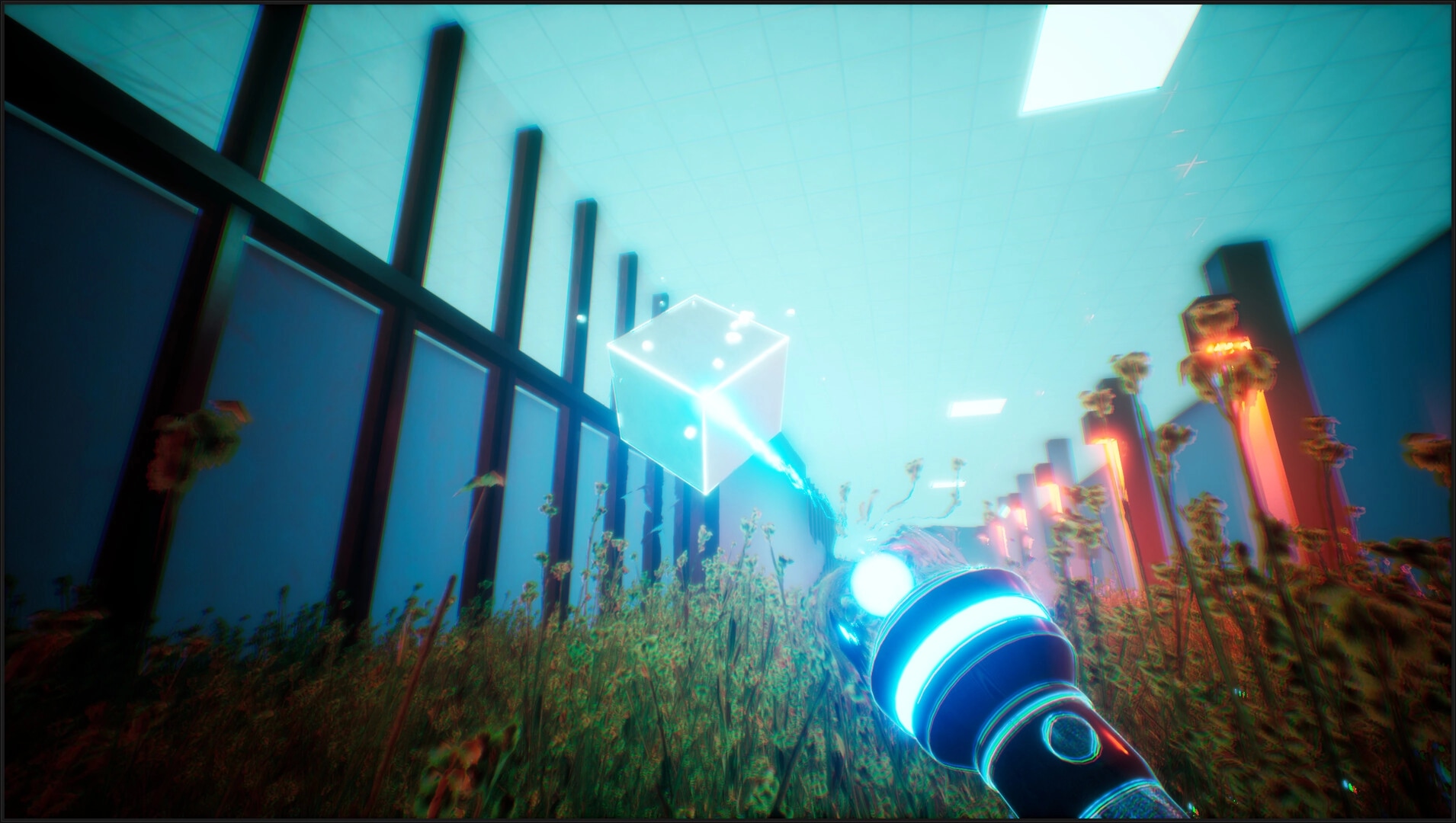 THANKS, LIGHT.: Player uses a glowing device to transform a floating cube in a futuristic indoor garden.