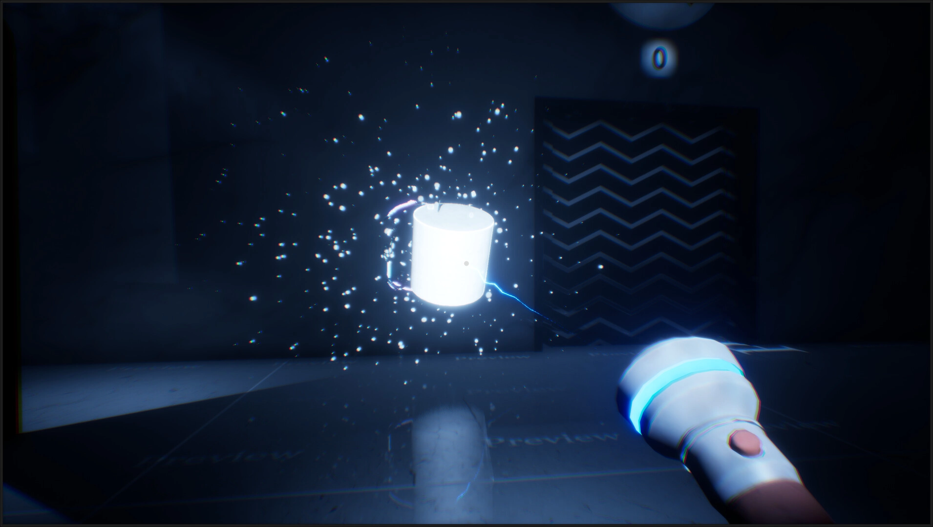 THANKS, LIGHT.: Flashlight illuminating floating object with particles in dark puzzle room.