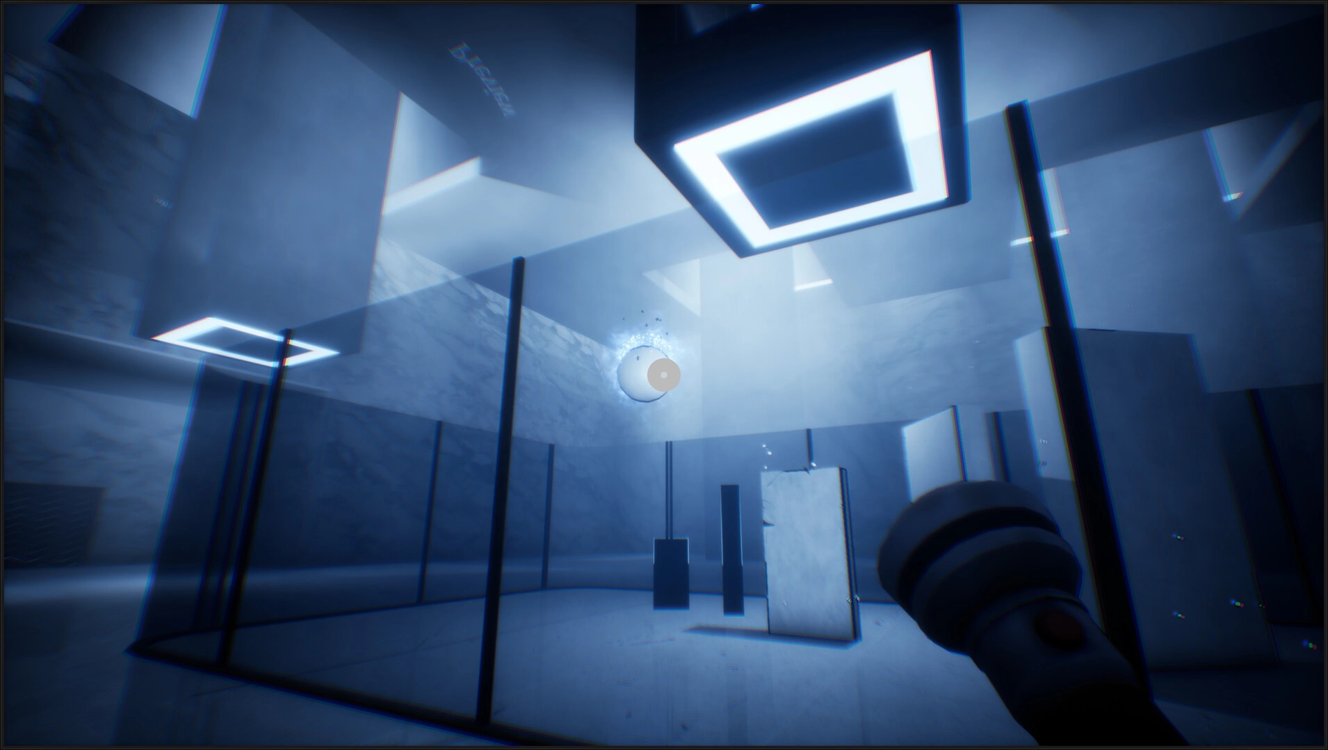 THANKS, LIGHT.: Player shines flashlight to reveal hidden 3D objects in a mysterious, dimly lit room.