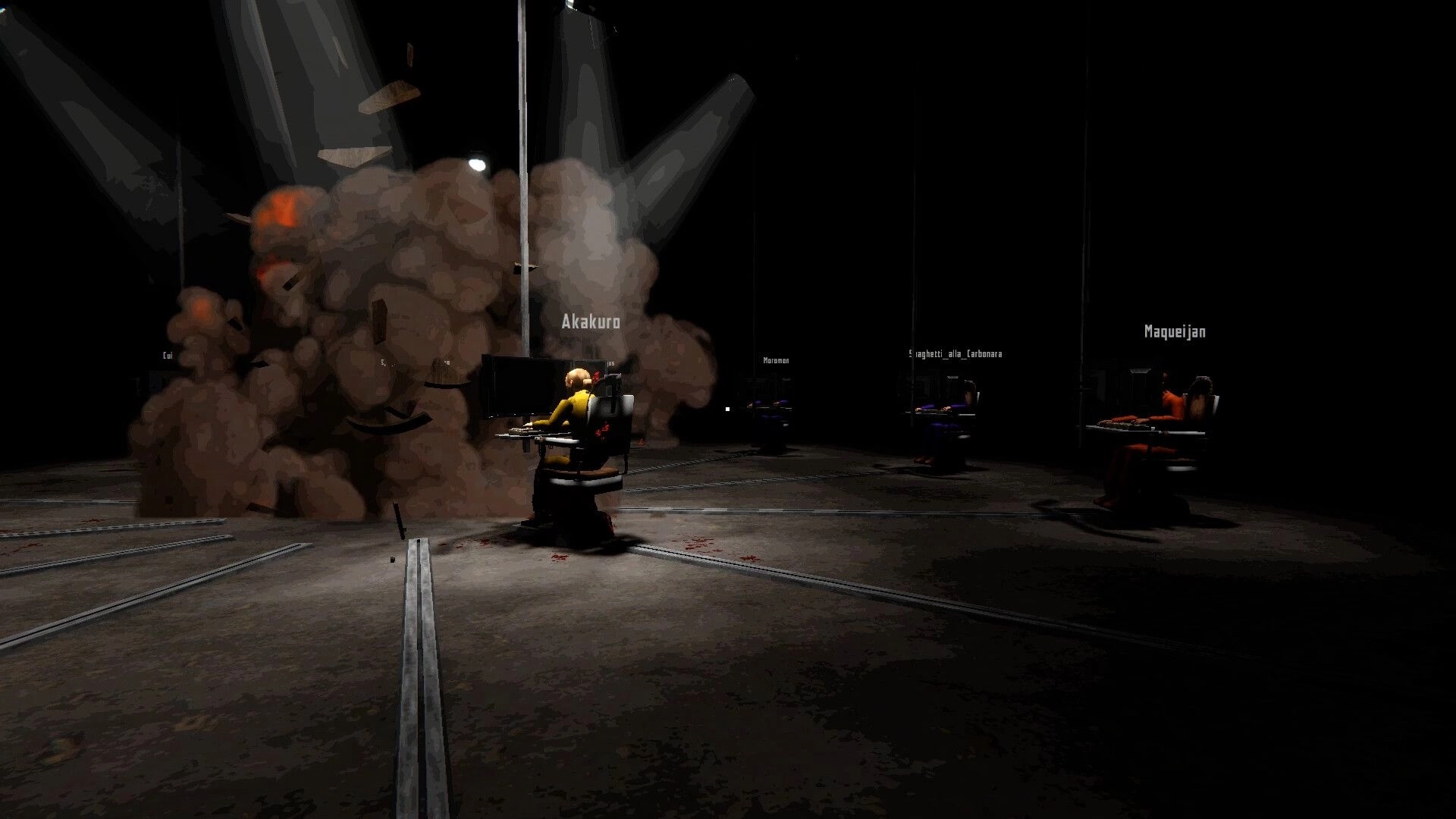 THAT BOMB GAME: Players at computer stations as a huge explosion erupts in a dark arena room.