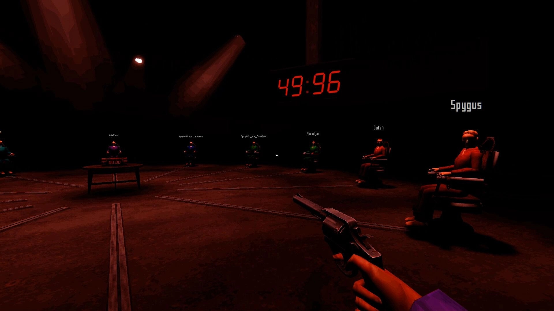 THAT BOMB GAME: First-person standoff with revolver, players seated in dark room under 49:96 timer.