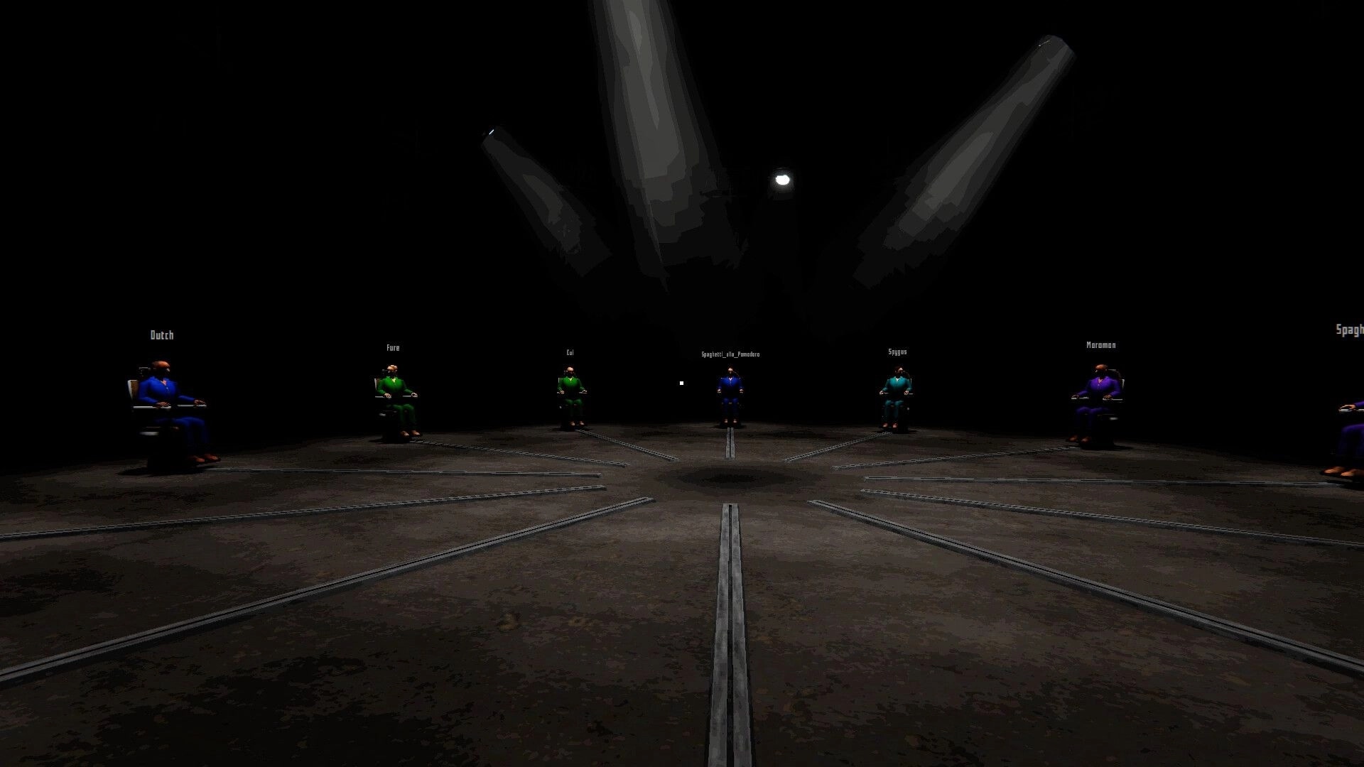 THAT BOMB GAME: Seven suited players seated in a dark arena circle with usernames overhead.