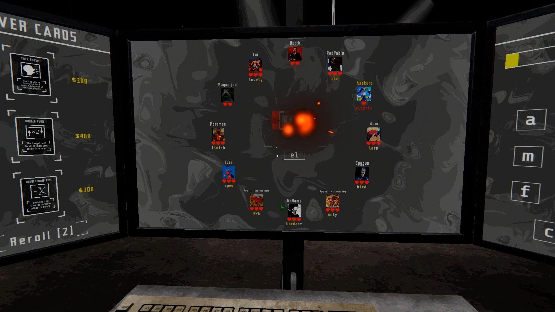 THAT BOMB GAME: Player typing “el” as bomb glows center, avatars with hearts, power cards menu left.
