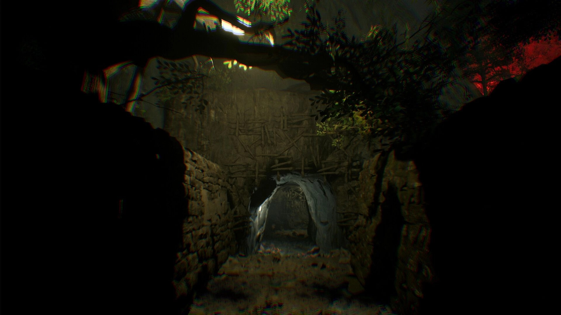 The 9th Charnel: Exploring a dark stone tunnel surrounded by dense foliage and eerie lighting