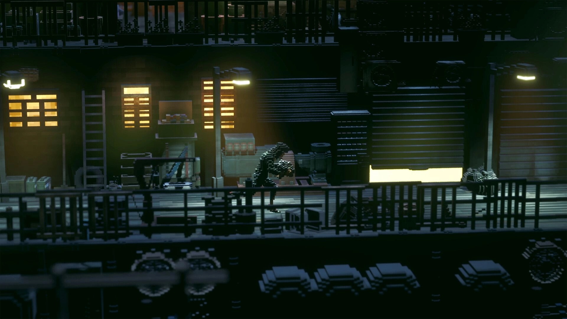 The 9th Dragon: Pixel brawler crouches on a dim rooftop walkway with vents, ladders, and neon lamps.