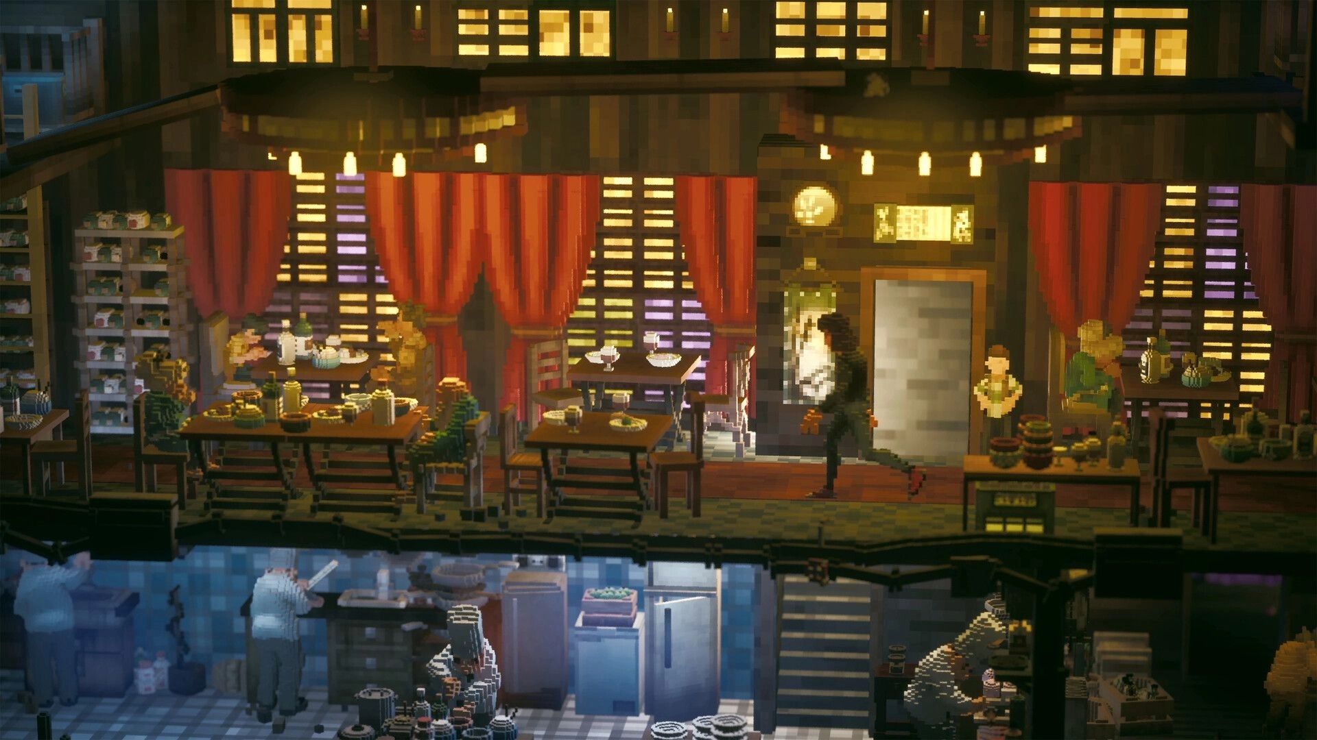 The 9th Dragon: Side-scrolling scene in a crowded restaurant with diners, tables, and kitchen below.