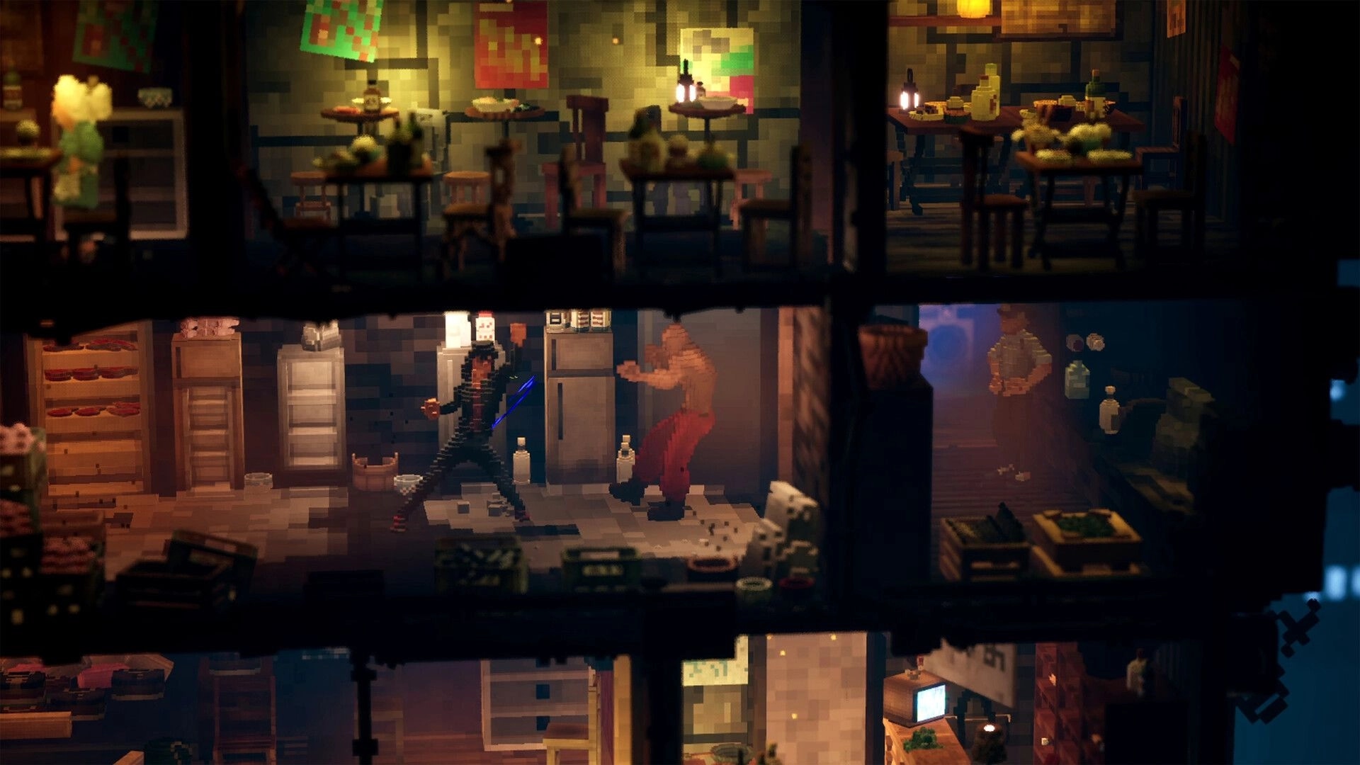The 9th Dragon: Masked fighter squares off with thug in a cramped apartment corridor, side view.