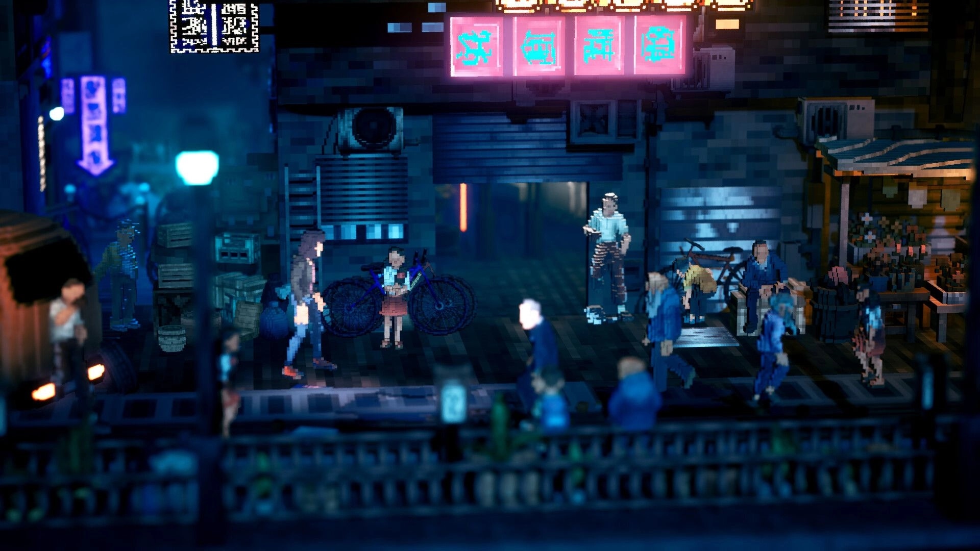 The 9th Dragon: Side-scrolling street scene with pedestrians and neon signs in a crowded alleyway.