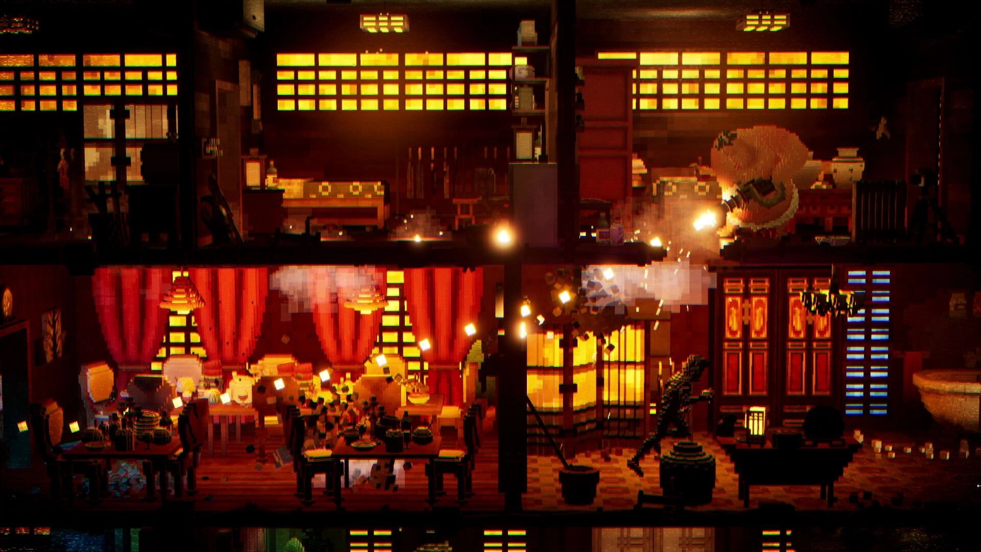 The 9th Dragon: Explosions rip through a neon-lit restaurant interior with tables, curtains, and debris.