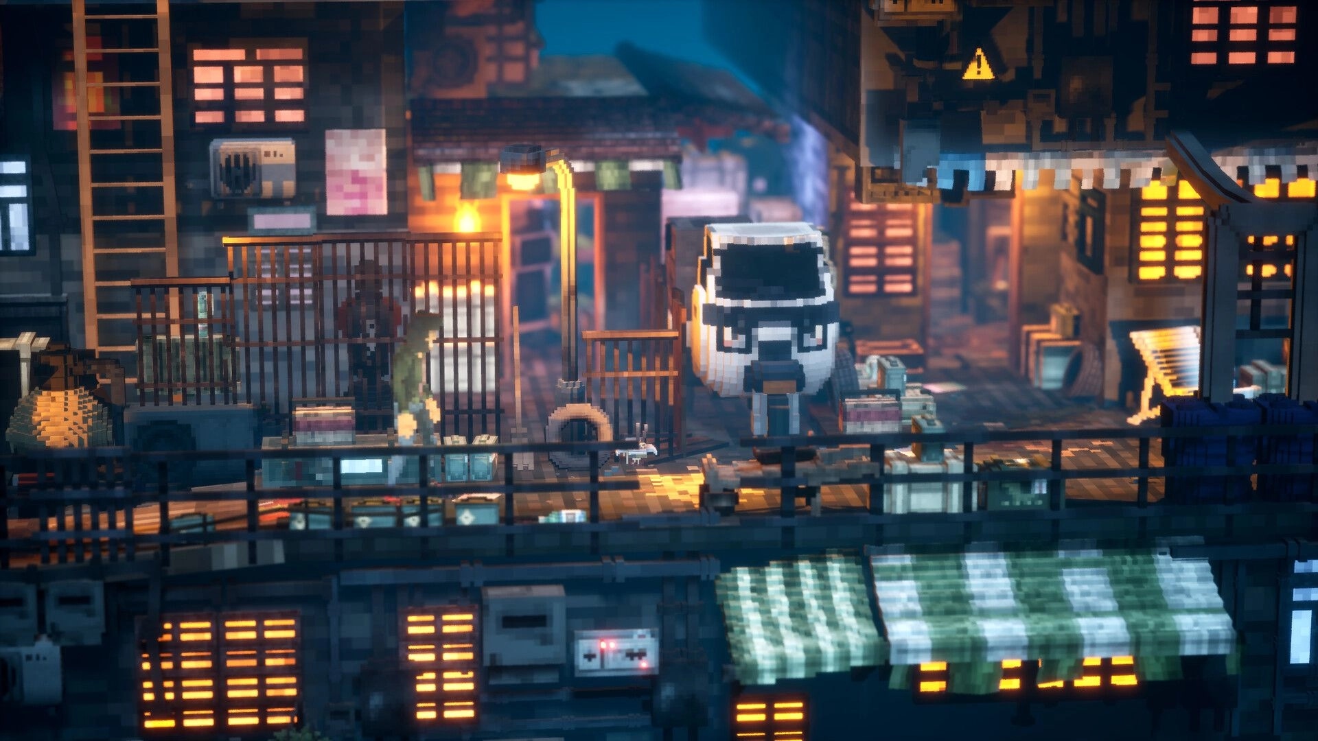 The 9th Dragon: Side-scrolling rooftop alley with van, crates, ladders, and warning sign at night.