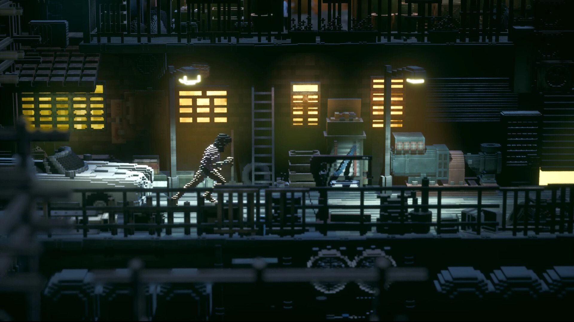 The 9th Dragon: Pixel fighter sneaks along a rooftop walkway past lit windows and street lamps at night.