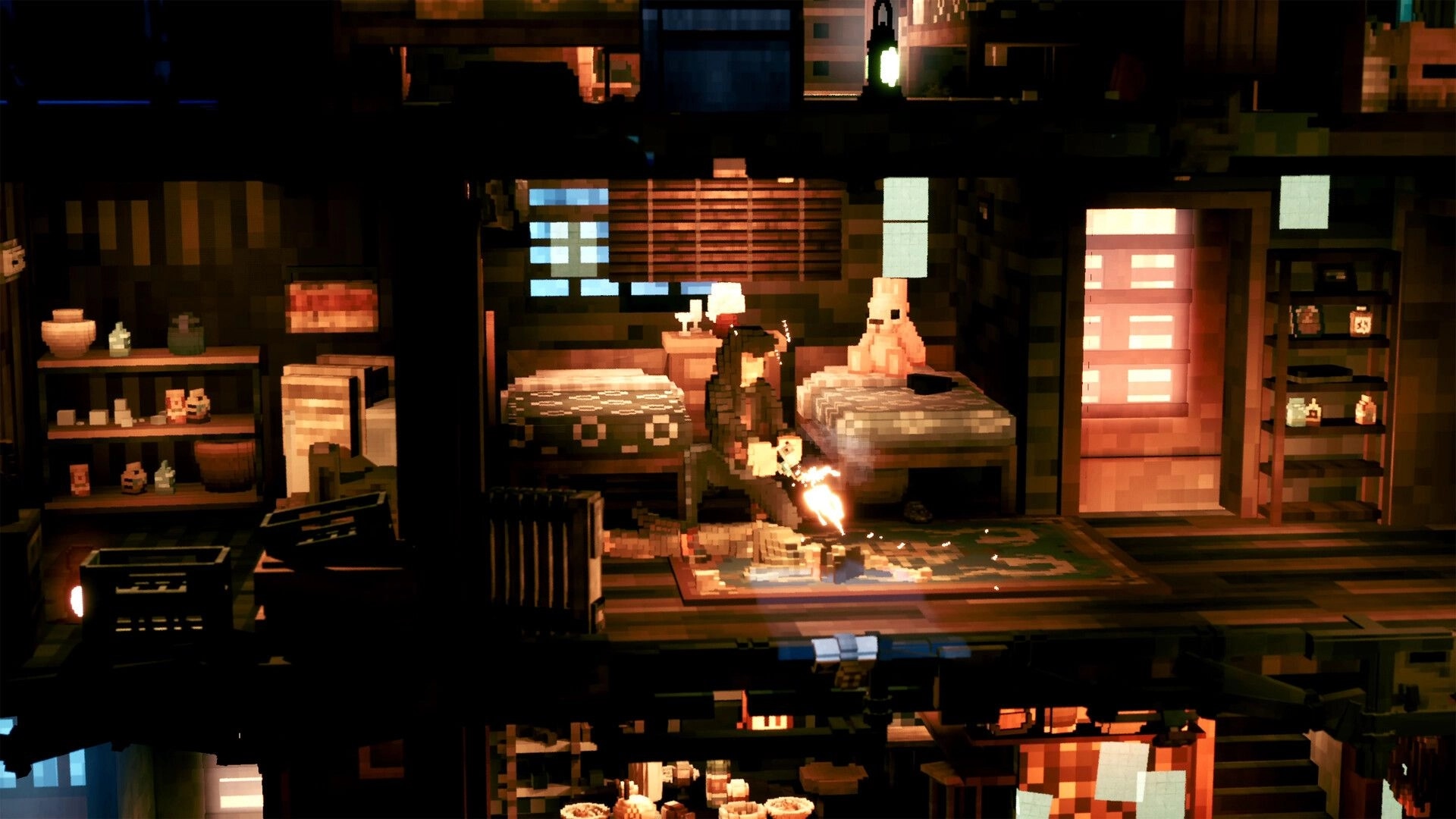 The 9th Dragon: Player fires a gun indoors beside two beds in a cramped neon-lit apartment room.