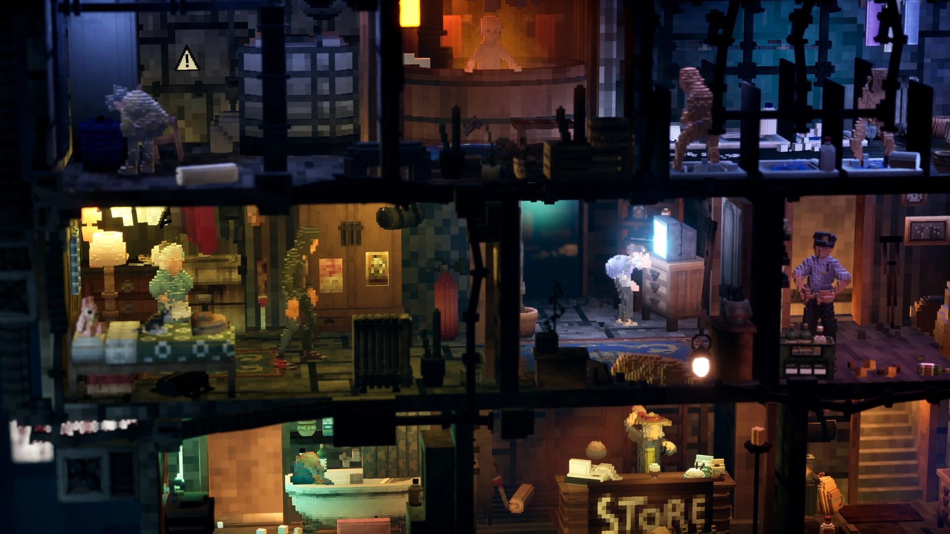 The 9th Dragon: Side-view cutaway of cramped apartments and shops inside a neon-lit city block.