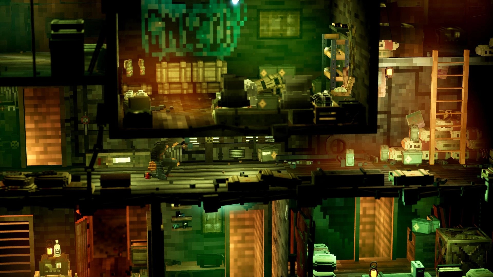 The 9th Dragon: Side-scrolling fighter on metal walkway past crates and neon-lit rooms in slums.