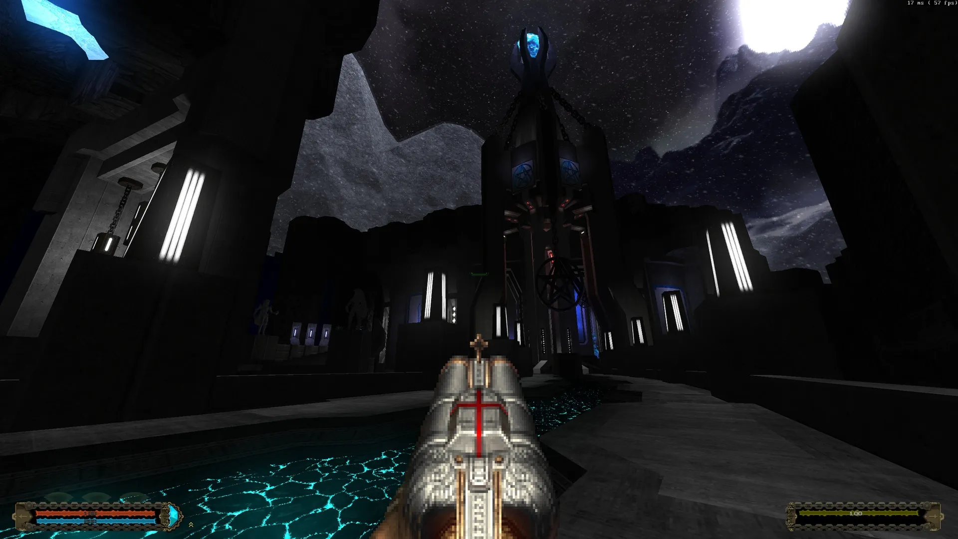 The Age of Hell: Player aiming a weapon in a dark, futuristic temple with glowing blue accents