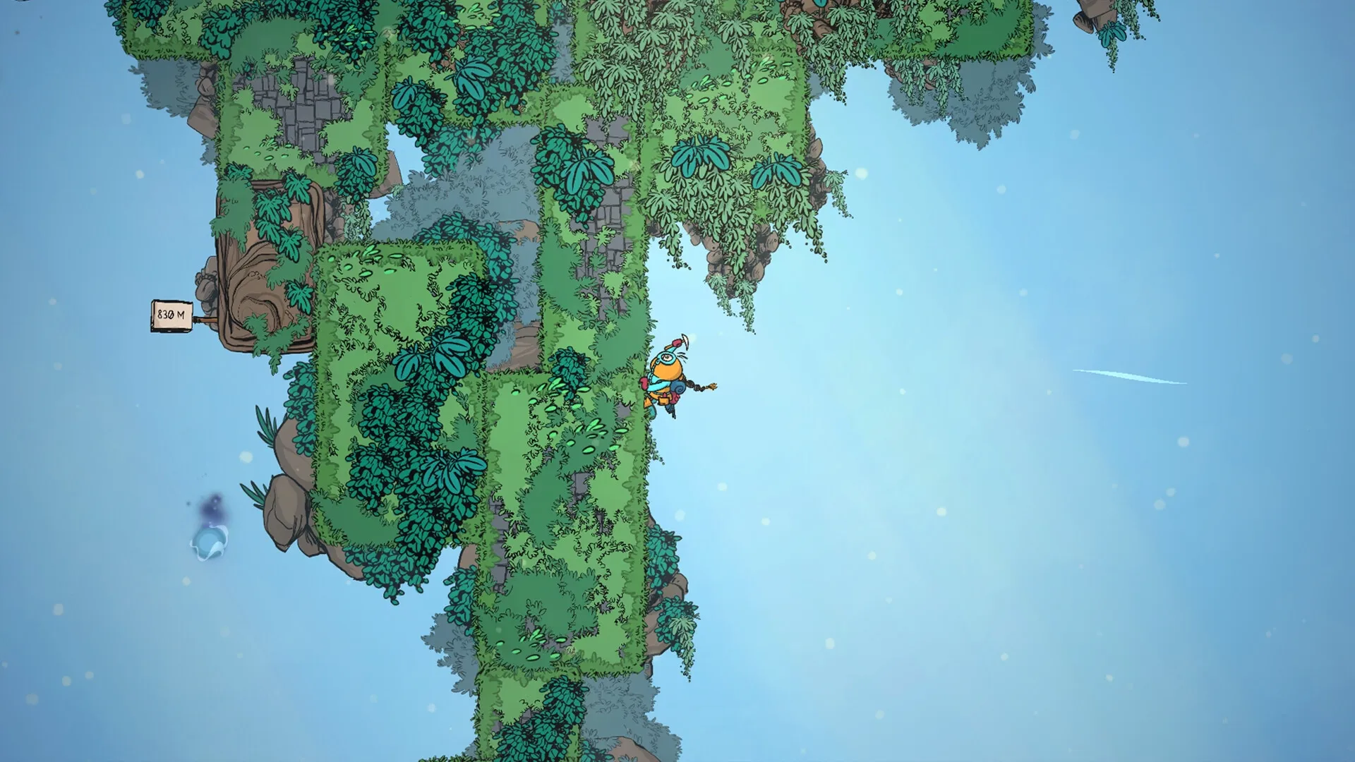 The Alpinist: Character climbs vertical cliff with ice axe, surrounded by lush greenery at 830 meters.