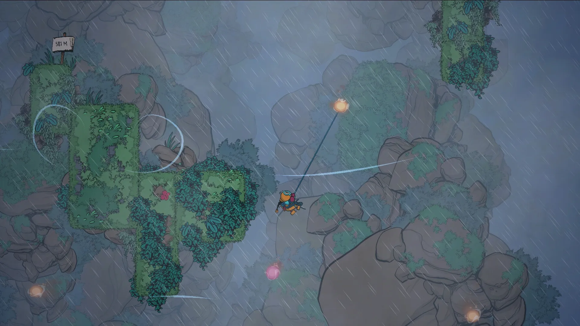 The Alpinist: Character swings with grappling hook between rocky cliffs under heavy rain at 581 meters.