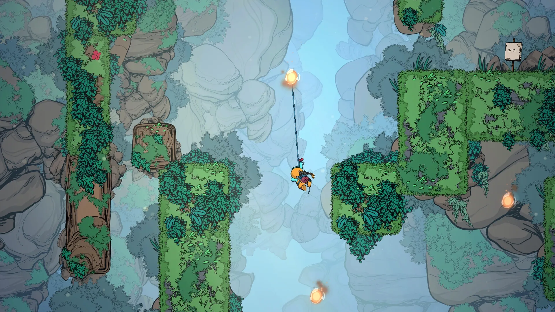 The Alpinist: Player swings with grappling hook between lush cliff platforms in a vibrant canyon setting.