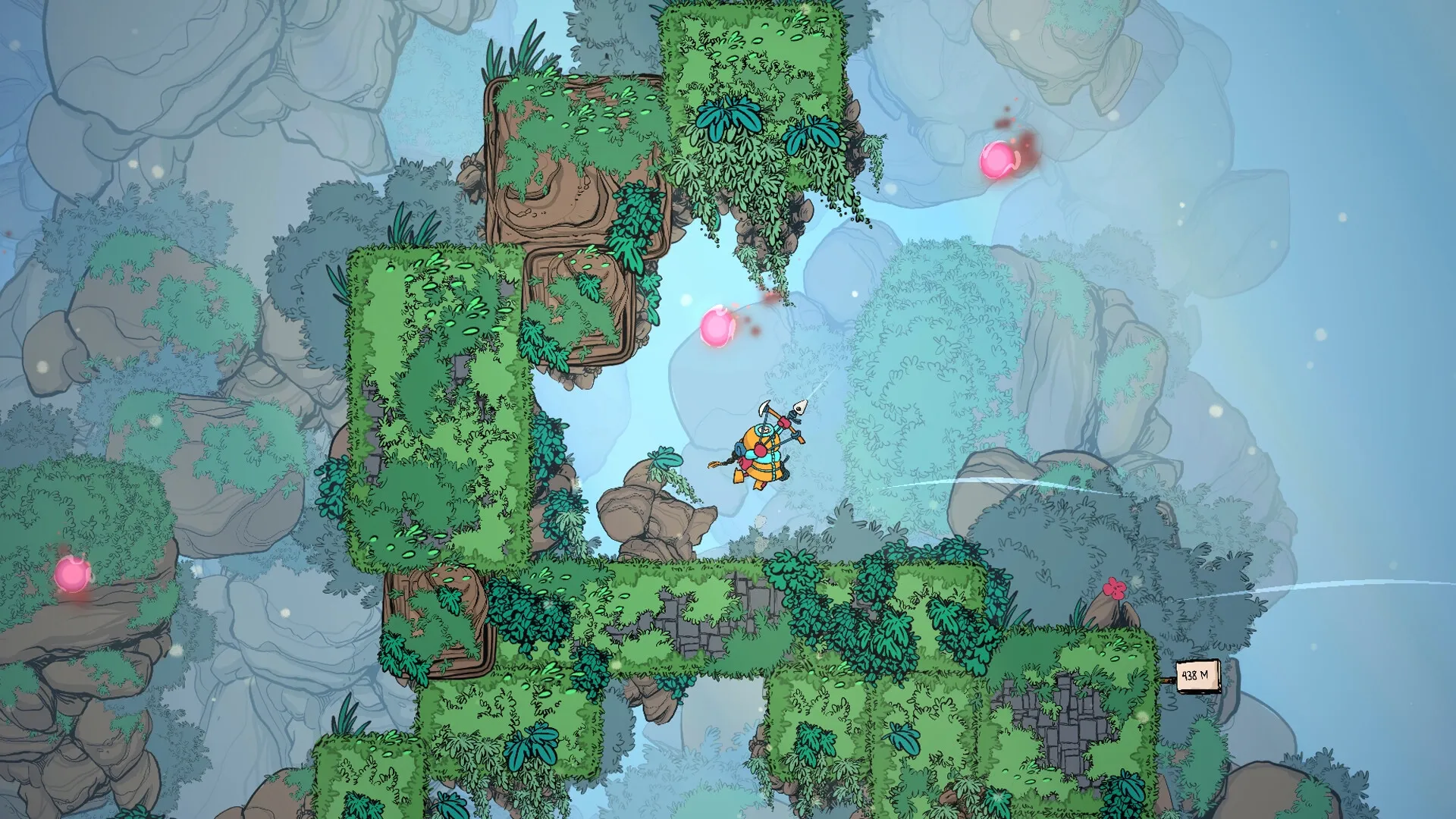 The Alpinist: Climber with ice axe leaps between floating platforms in lush mountain environment
