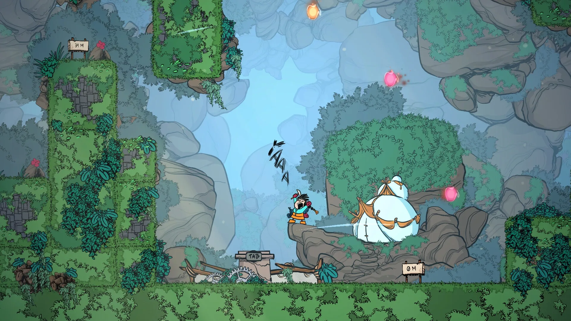 The Alpinist: Character stands on ledge with ice axe, lush greenery, and distance markers in view.