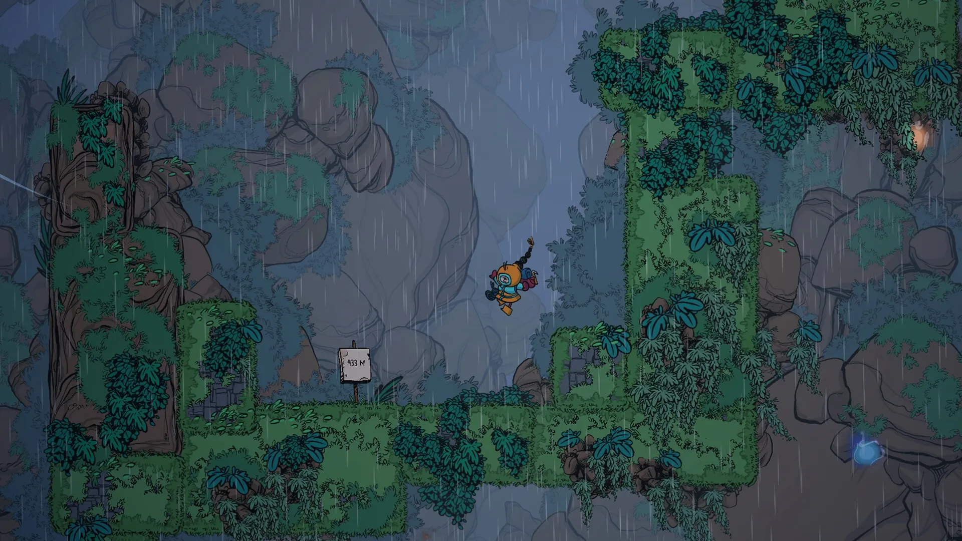 The Alpinist: Character jumps with grappling hook in a lush, rainy mountain environment at 433 meters.