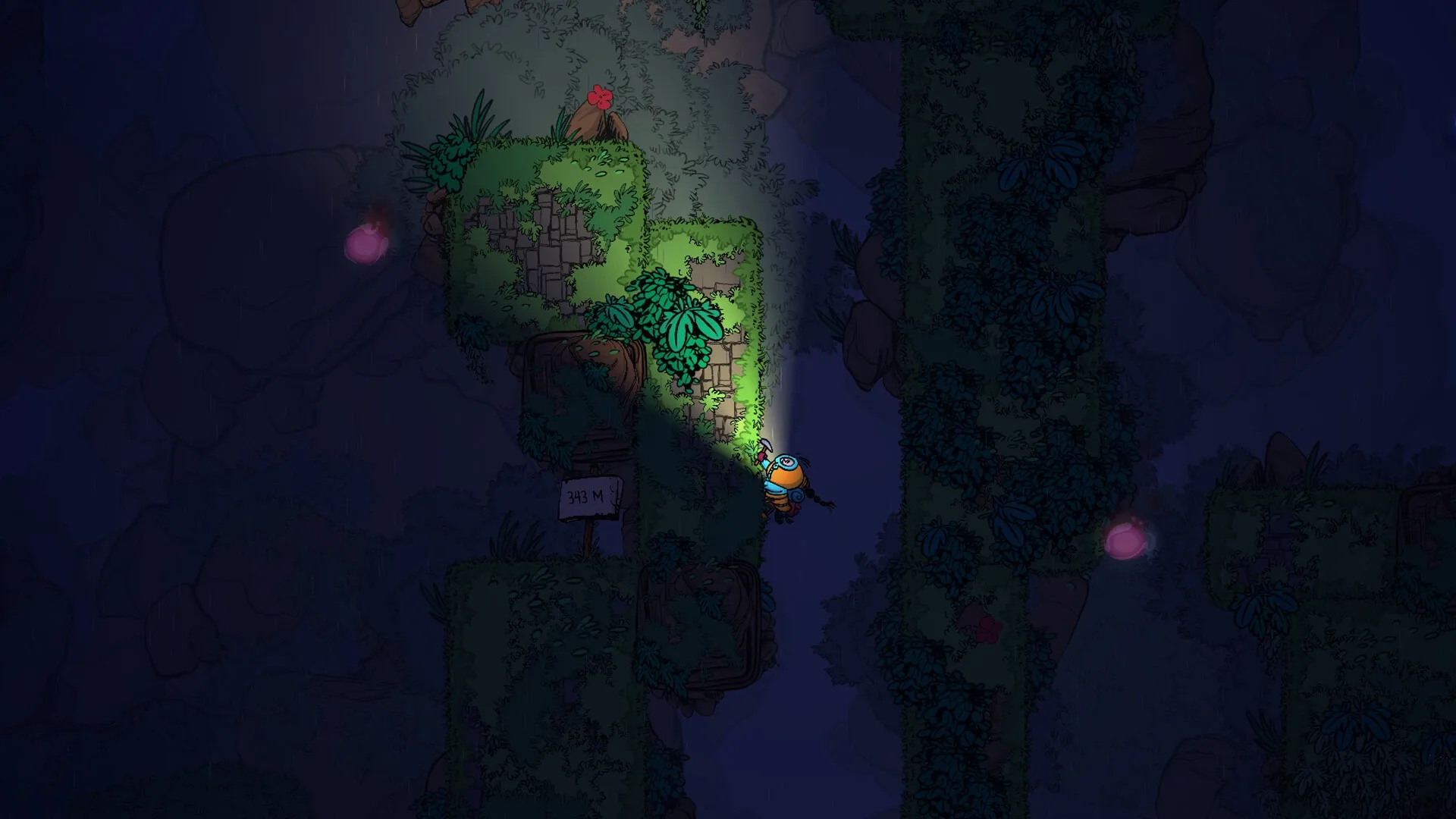 The Alpinist: Climber with ice axe ascends a dark, overgrown cliff at night, sign reads 343m.