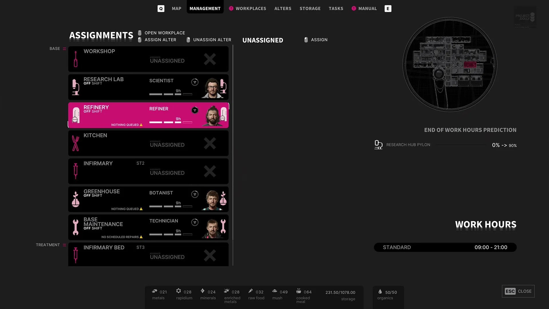 The Alters: Assignment management screen showing work shifts and task allocation in base settings.