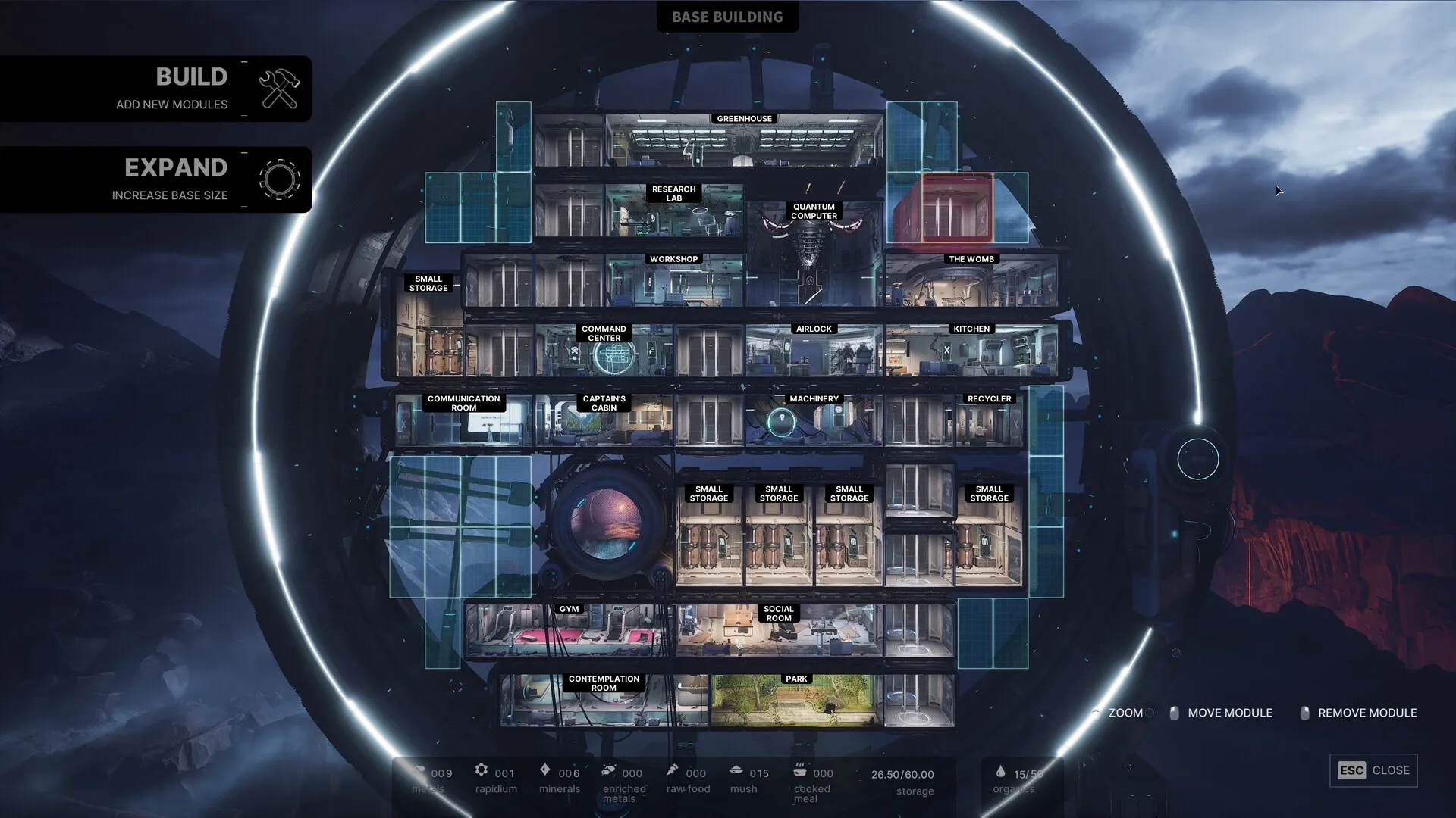 The Alters: Base-building interface with labeled rooms, surrounded by dark mountainous landscape