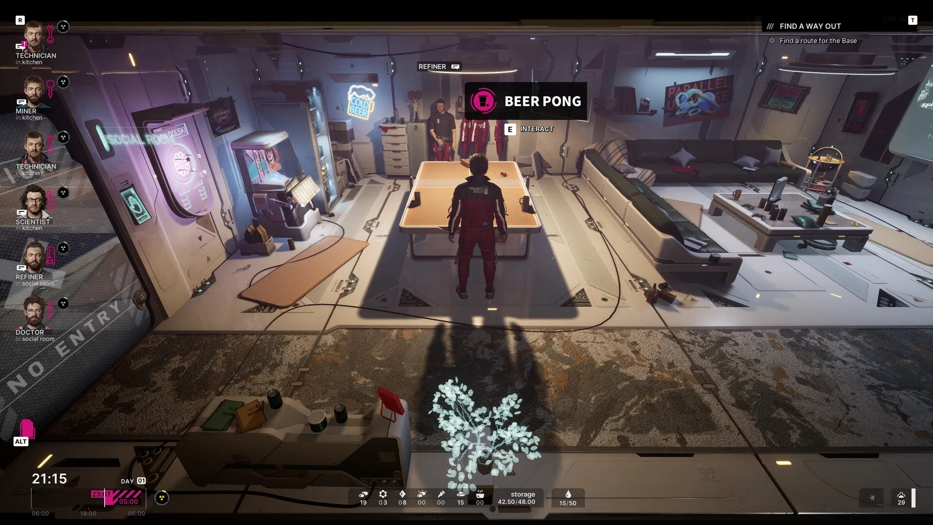 The Alters: Jan Dolski prepares for beer pong in a futuristic social room with crew and interactive menu.