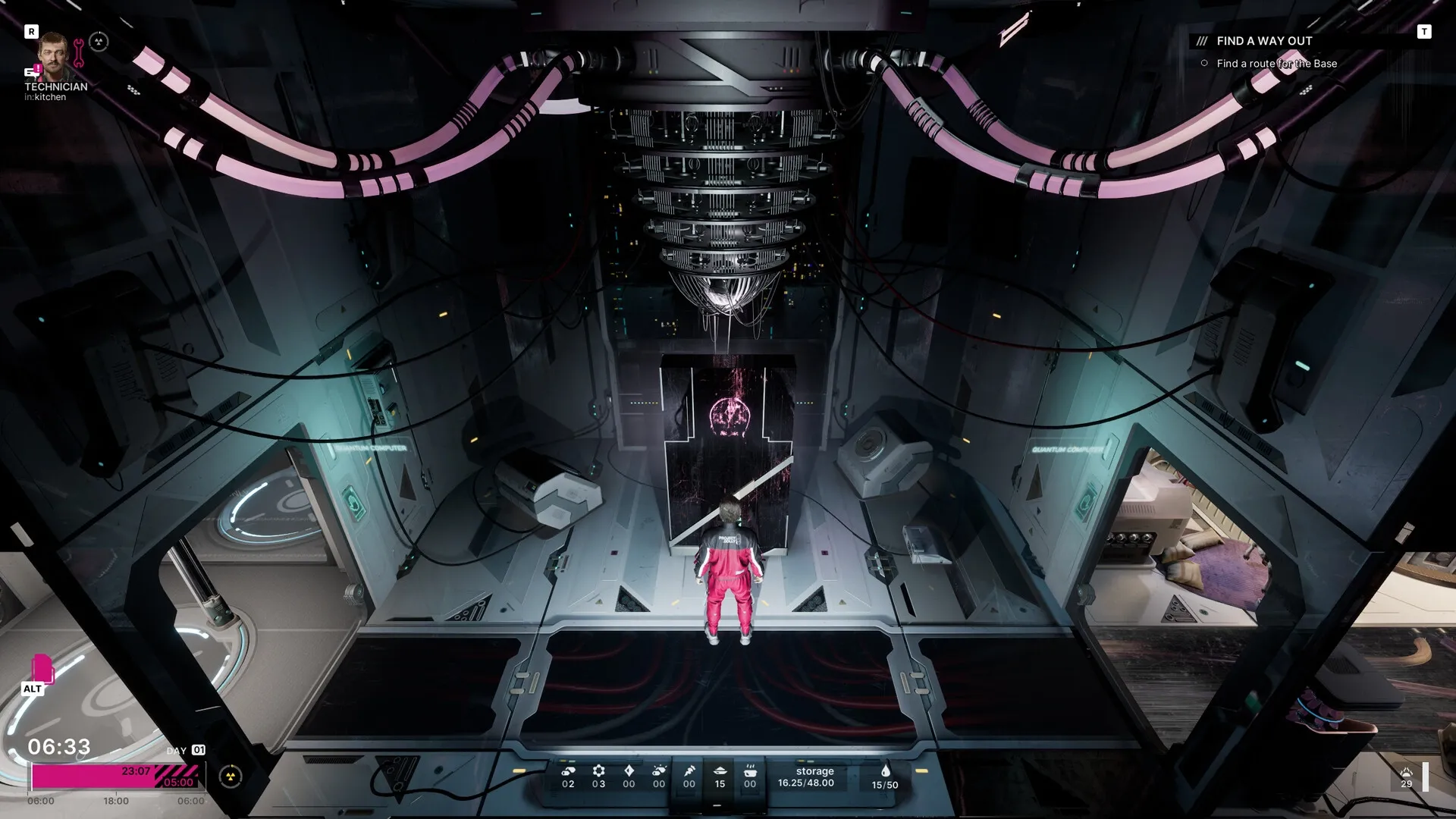 The Alters: Jan Dolski stands in a futuristic room with a quantum computer and mission objectives displayed.