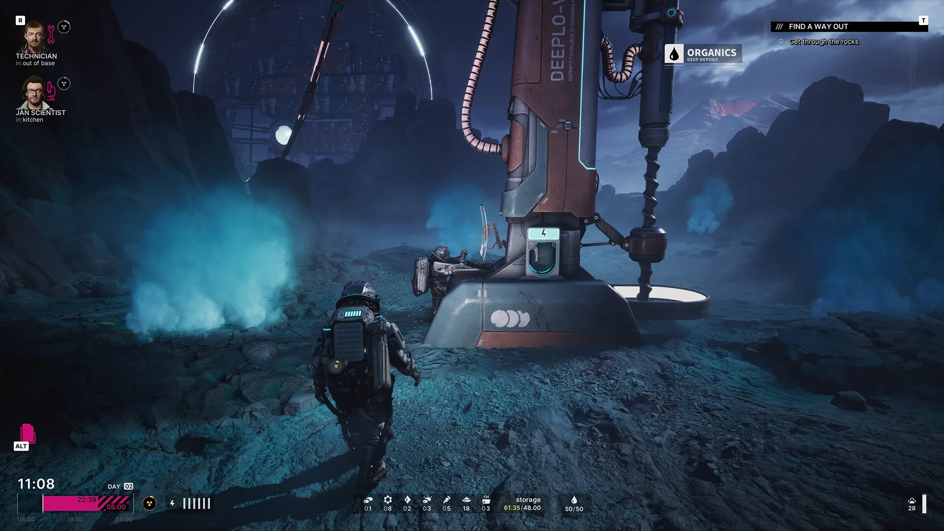 The Alters: Jan approaches a drilling machine in a rocky alien landscape, with UI showing time and resources.